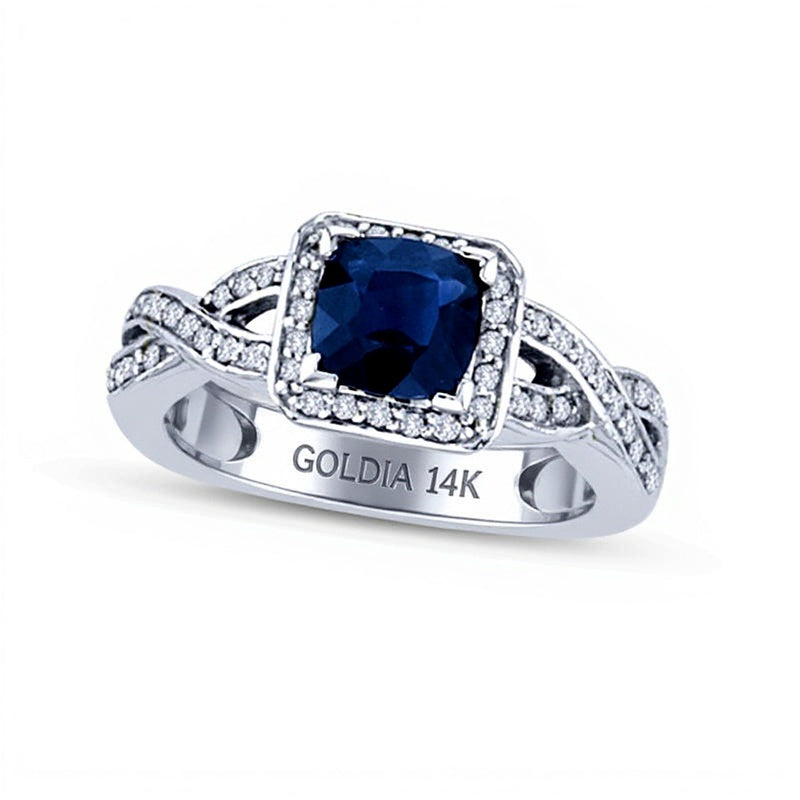 .mm Cushion-Cut Blue Sapphire and . CT. TW Diamond Frame Engagement Ring in K White Gold