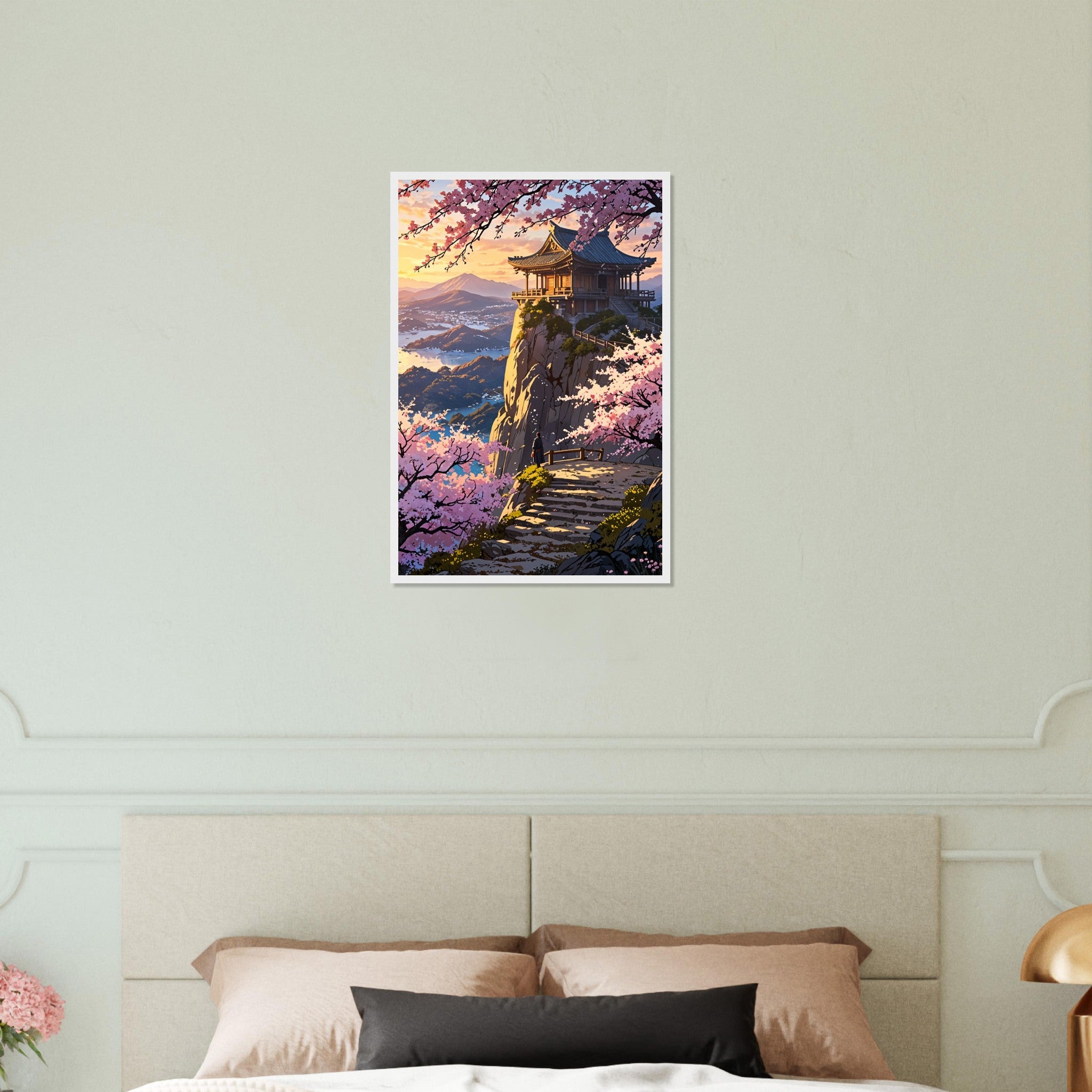 Spring Vista - Temple & Blossoms Wall Art - White frame x x″