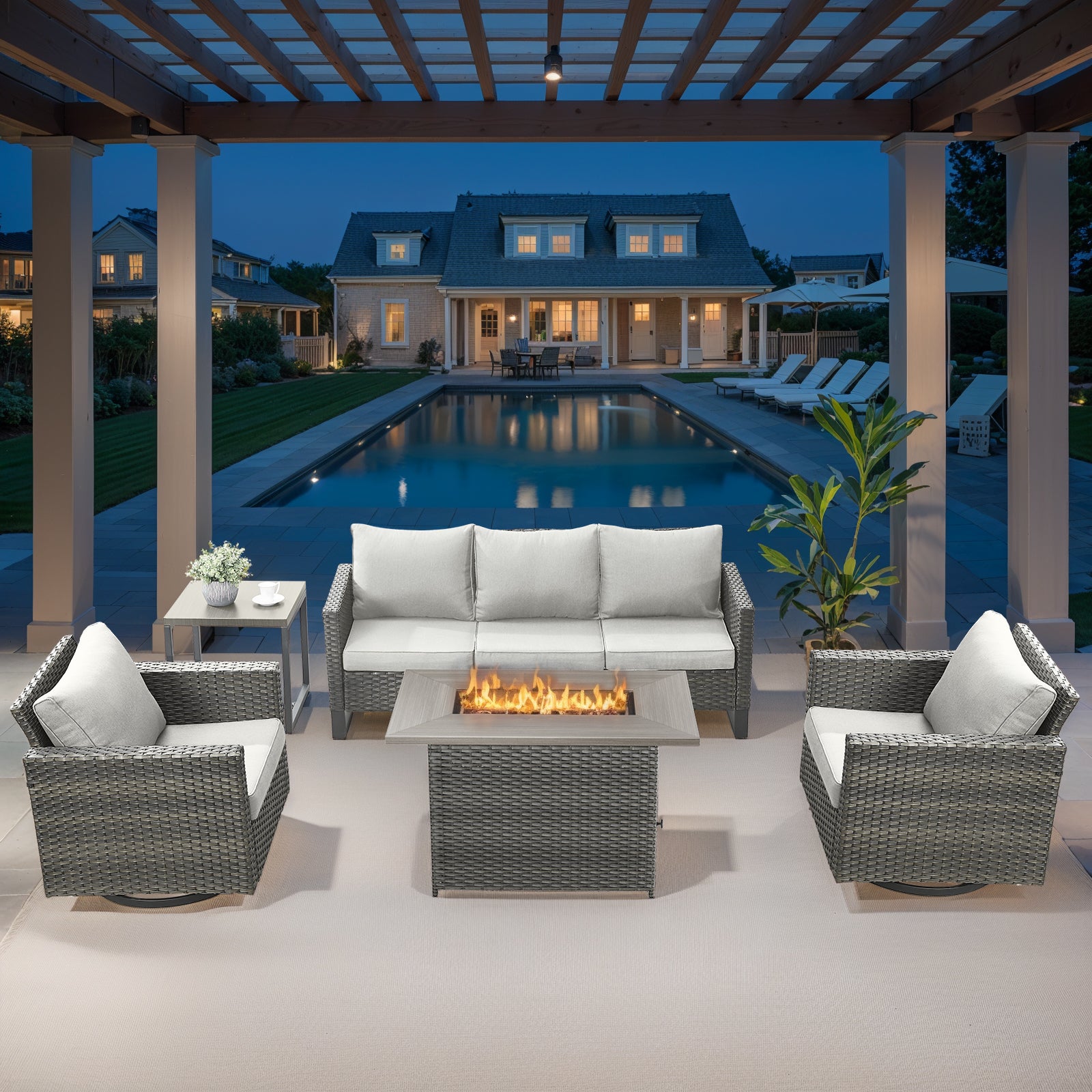 -Piece Patio Set with " Gas Fire Pit Table, Swivel Rocker Chairs, GRS Series - Mixed Grey Wicker Beige Cushion
