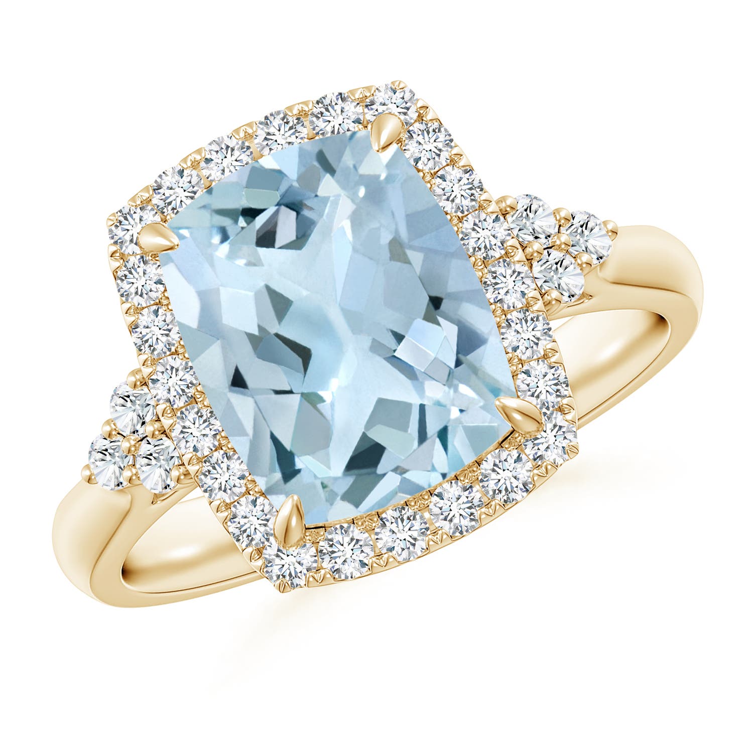 Angara . CTW Cushion Aquamarine Halo Ring with Trio Diamonds in K Yellow Gold