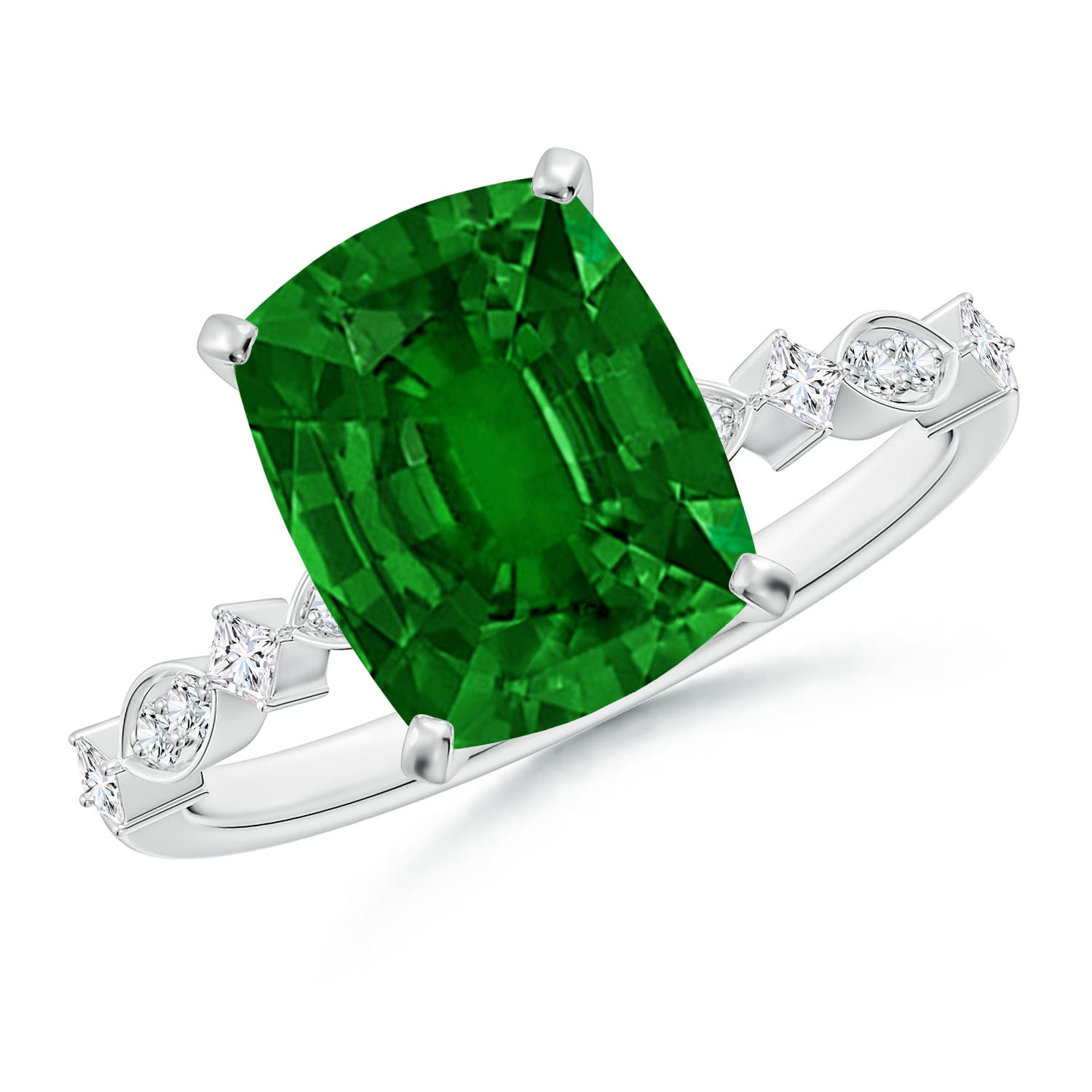 Angara . CTW Cushion Rectangular Emerald Engagement Ring with Marquise Motifs in Platinum