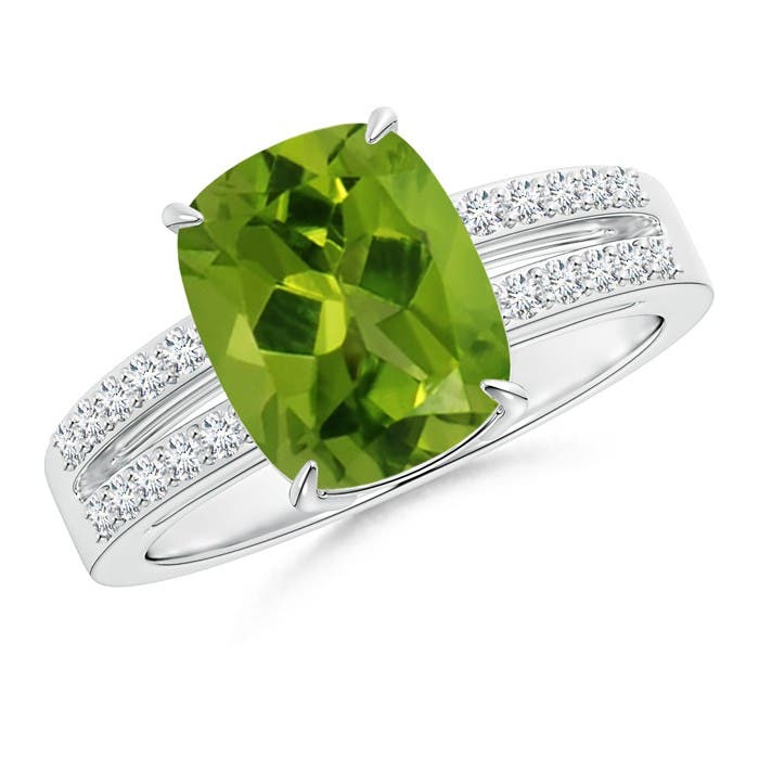 Angara . CTW Cushion Peridot Split Shank Ring with Diamond Accents in K White Gold