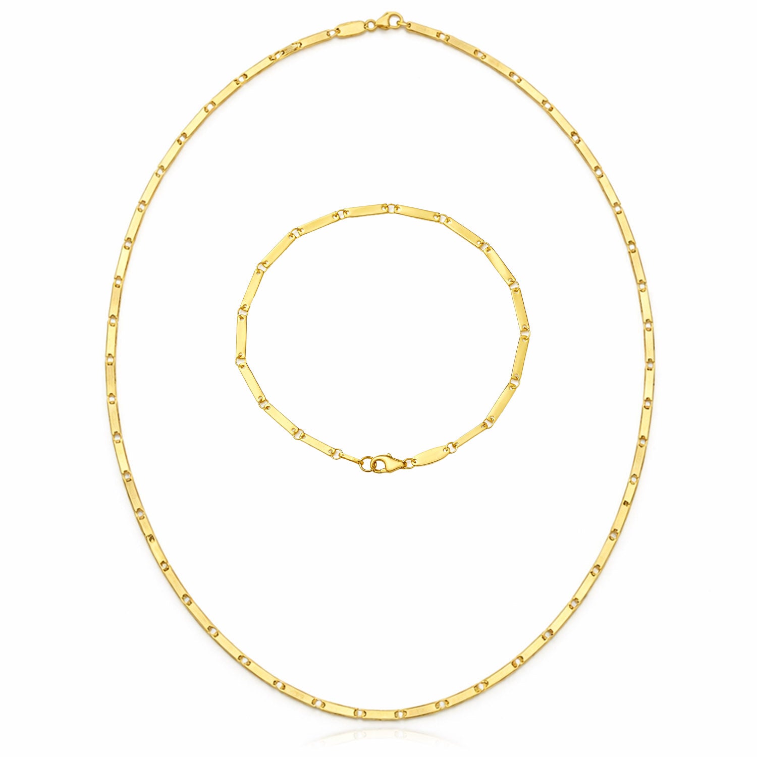 K Yellow Gold Polished Mirror Bar Link Necklace " & Bracelet " Set - " "