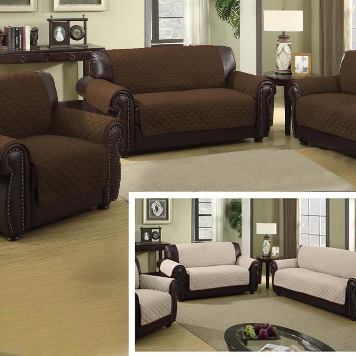 Waterproof Quilted Reversible Furniture Slipcover for Chair, Loveseat, or Sofa - Chair ChocolateNatural
