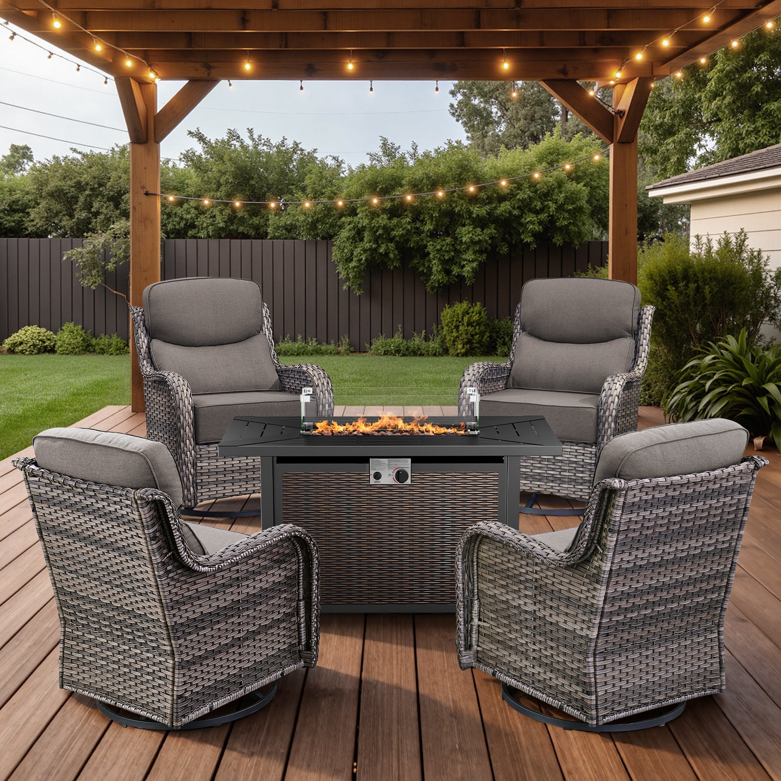 -Piece Patio Fire Pit Set, Swivel Chairs & Fire Table, NT Series - Mixed Grey Wicker Grey Cushion