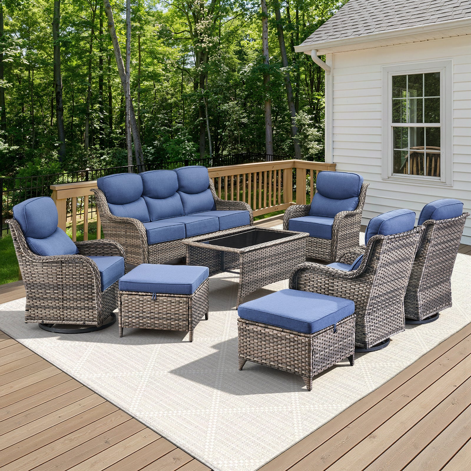 -Piece Patio Sofa Set, Swivel Chairs, Coffee Table & Ottomans, NT Series - Mixed Grey Wicker Blue Cushion