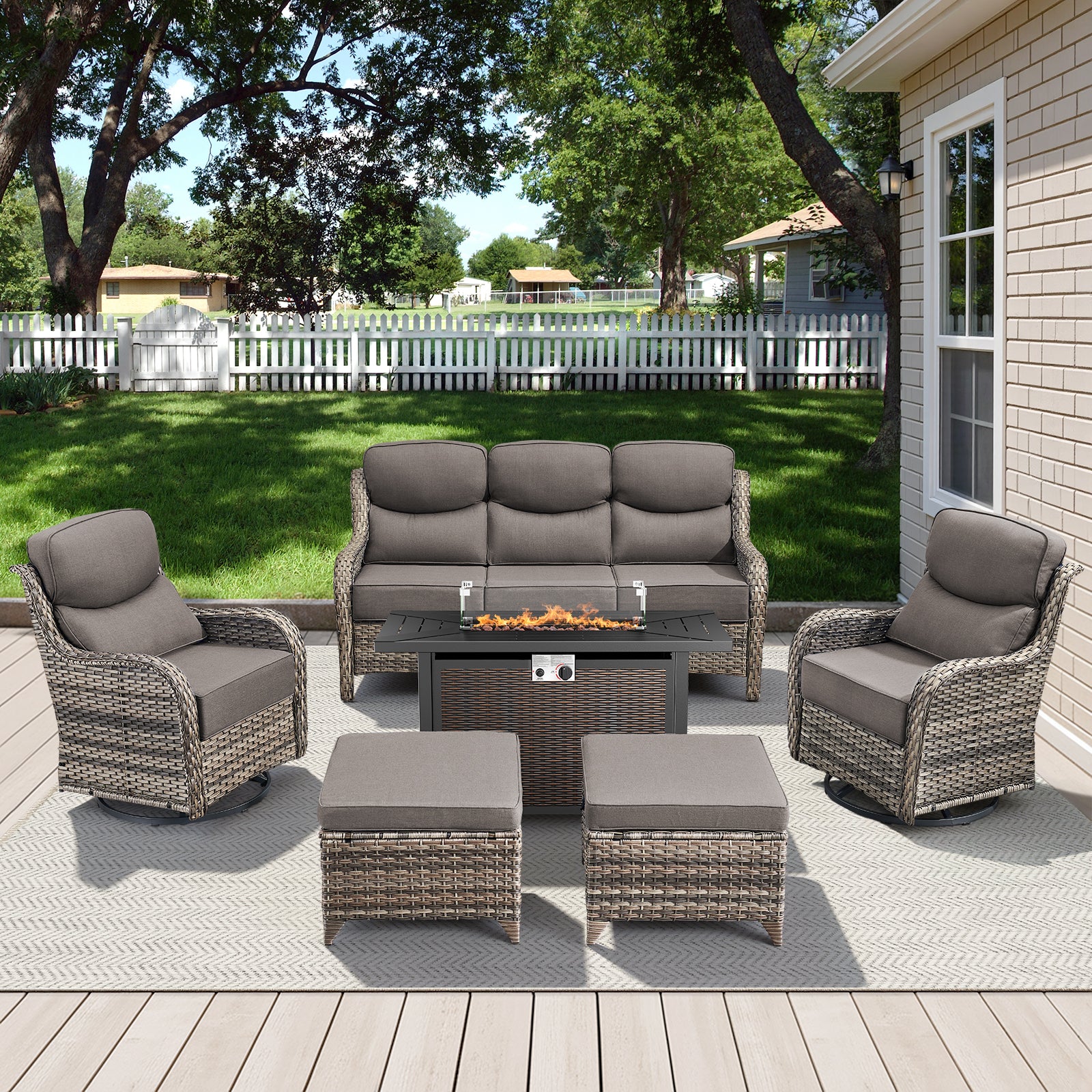 -Piece Patio Fire Pit Set, Sofa, Swivel Chairs & Metal Table, NT Series - Mixed Grey Wicker Grey Cushion