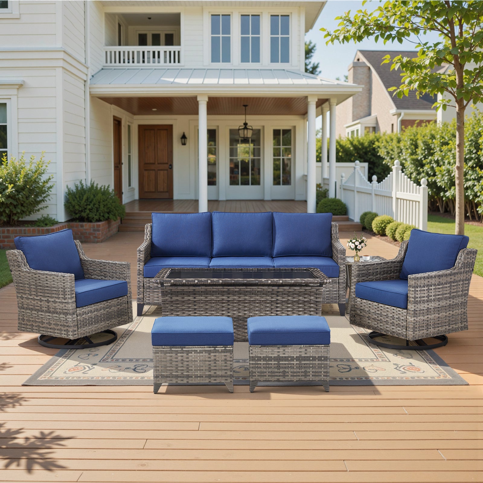 -Piece Patio Set Sofa Swivel Chairs Coffee Table Ottomans, FG Series - Gray Wicker Blue Cushion