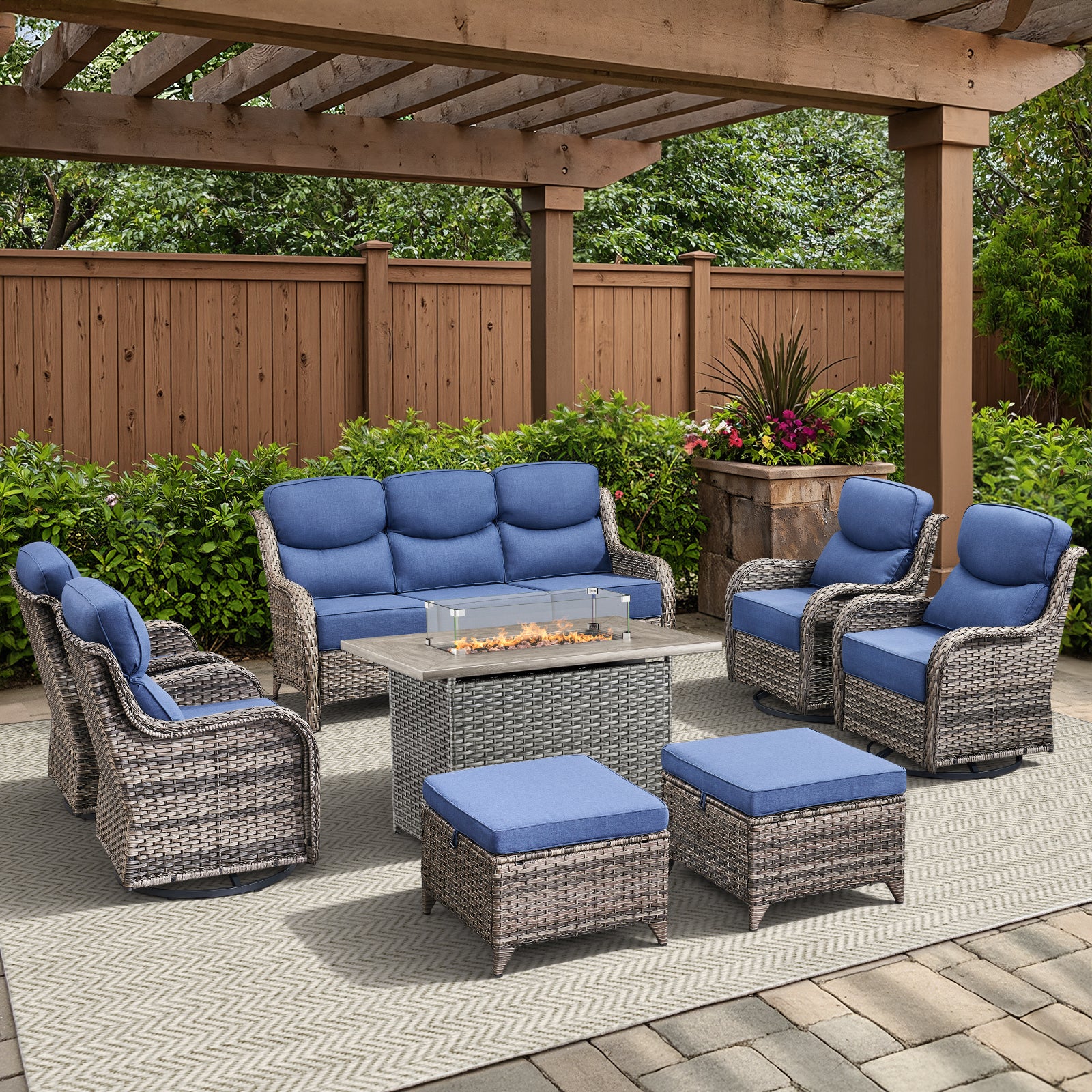 -Piece Patio Fire Pit Set, Sofa, Swivel Chairs & Rattan Table, NT Series - Mixed Grey Wicker Blue Cushion