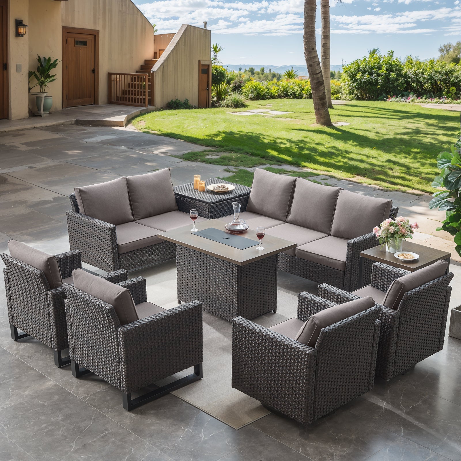 -Piece Patio Sectional Set with Fire Pit Table & Storage, GRS Series - Brown Wicker Grey Cushion