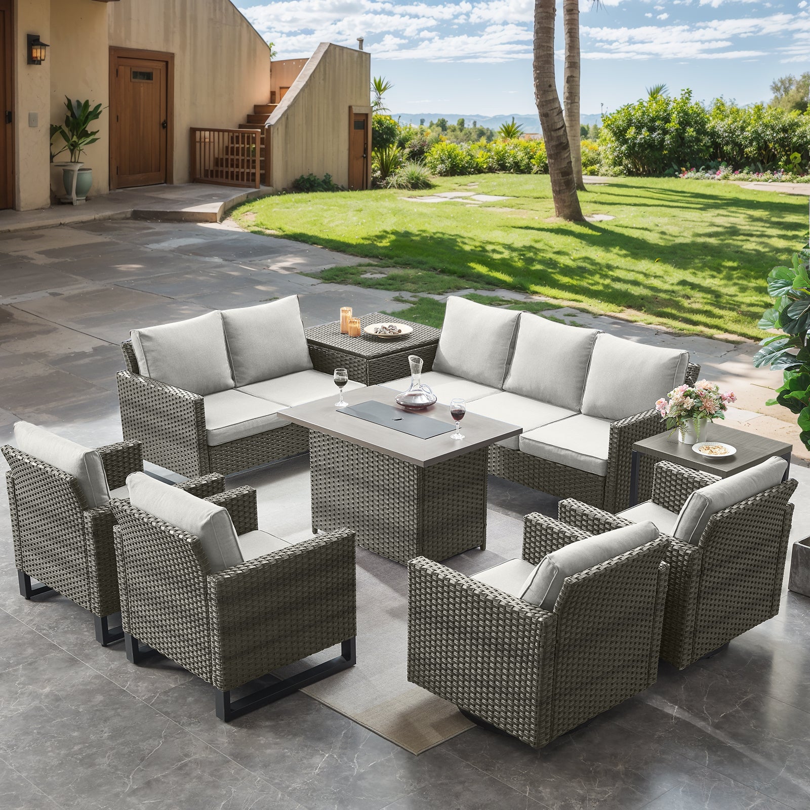 -Piece Patio Sectional Set with Fire Pit Table & Storage, GRS Series - Mixed Grey Wicker Beige Cushion