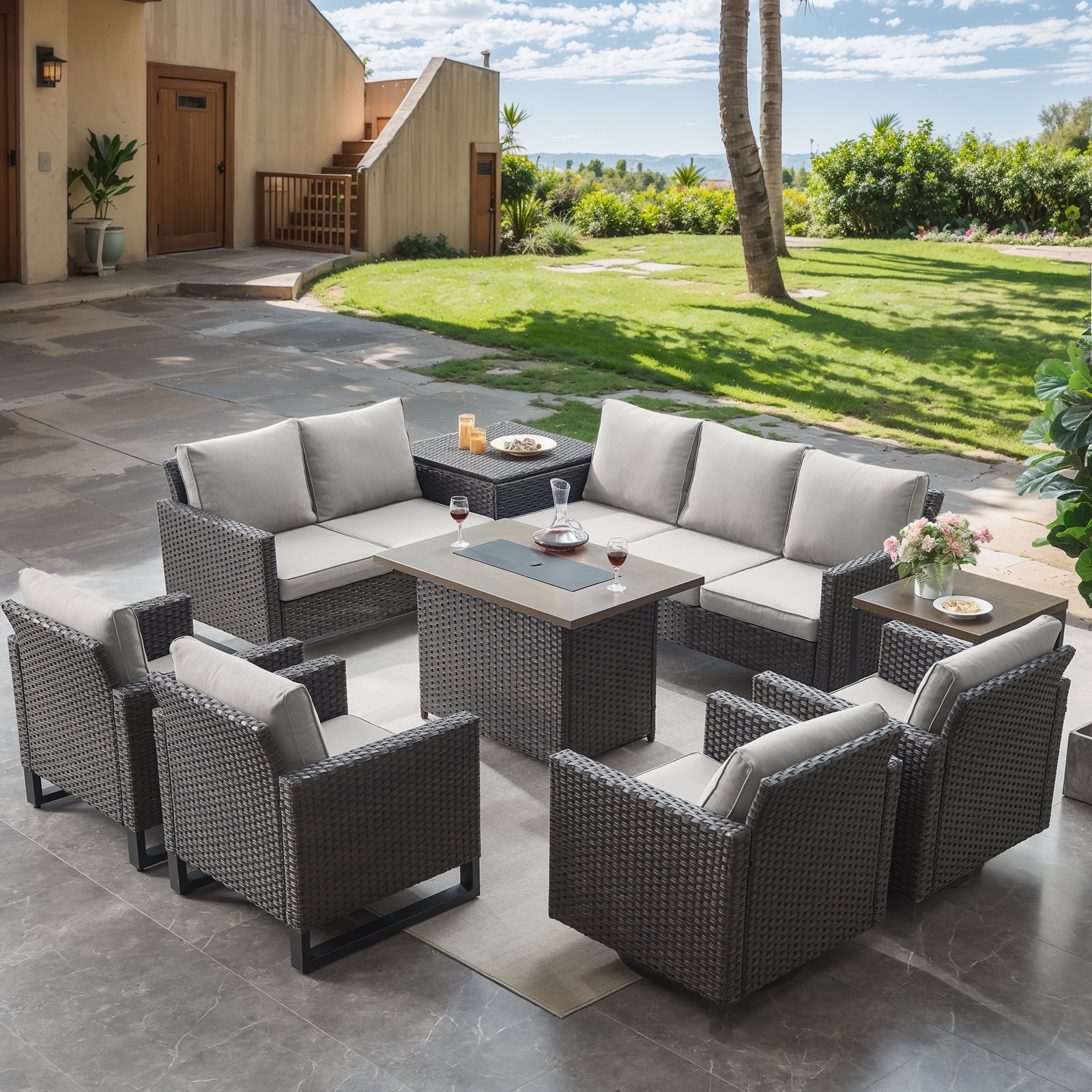 -Piece Patio Sectional Set with Fire Pit Table & Storage, GRS Series - Brown Wicker Beige Cushion