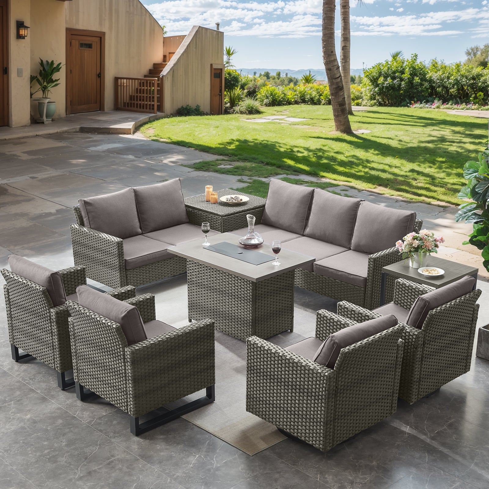 -Piece Patio Sectional Set with Fire Pit Table & Storage, GRS Series - Mixed Grey Wicker Grey Cushion