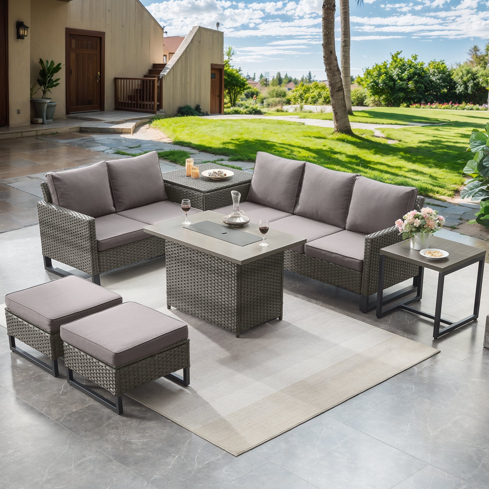 -Piece Patio Sectional Set with Fire Pit Table & Storage Box, GRS Series - Mixed Grey Wicker Grey Cushion