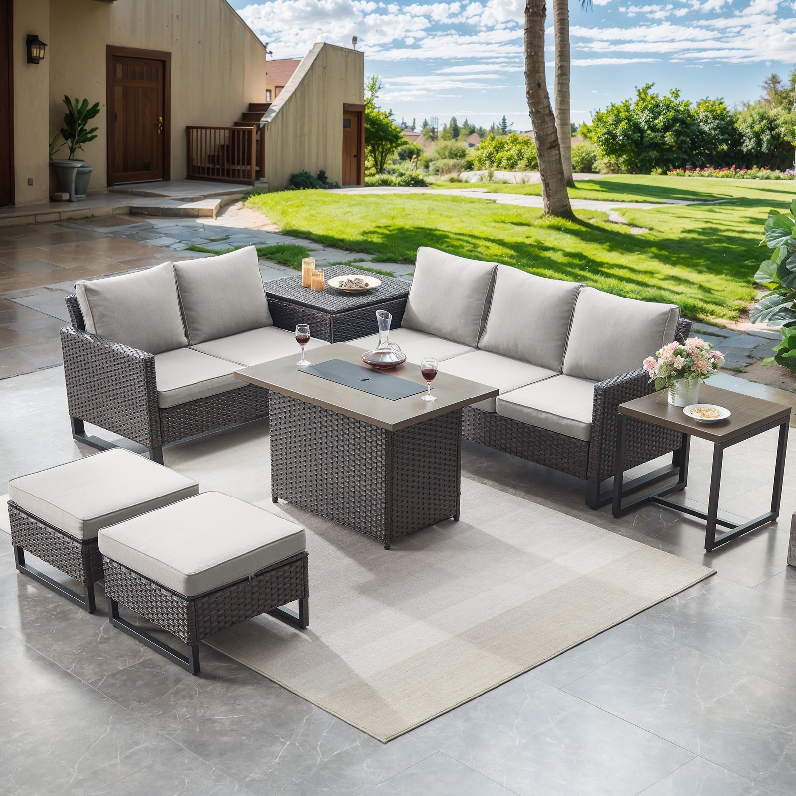 -Piece Patio Sectional Set with Fire Pit Table & Storage Box, GRS Series - Brown Wicker Beige Cushion