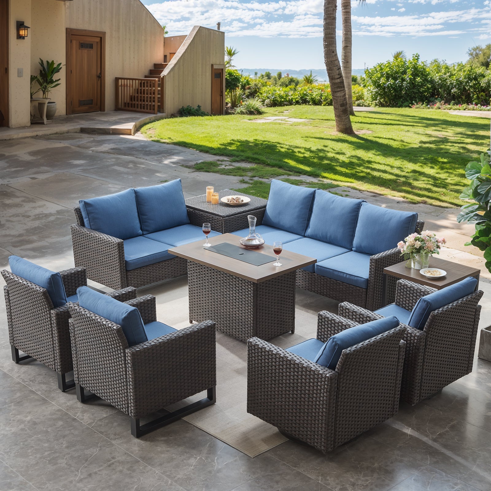 -Piece Patio Sectional Set with Fire Pit Table & Storage, GRS Series - Brown Wicker Blue Cushion