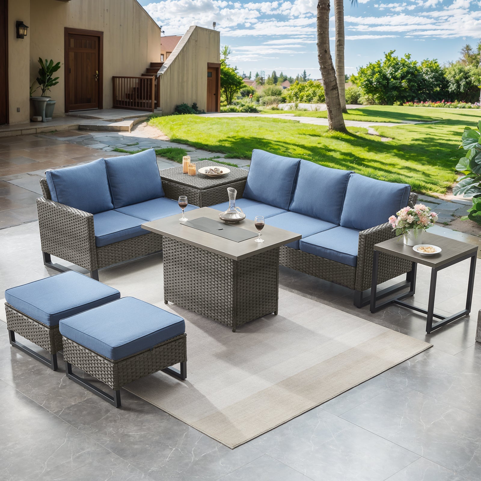 -Piece Patio Sectional Set with Fire Pit Table & Storage Box, GRS Series - Mixed Grey Wicker Blue Cushion