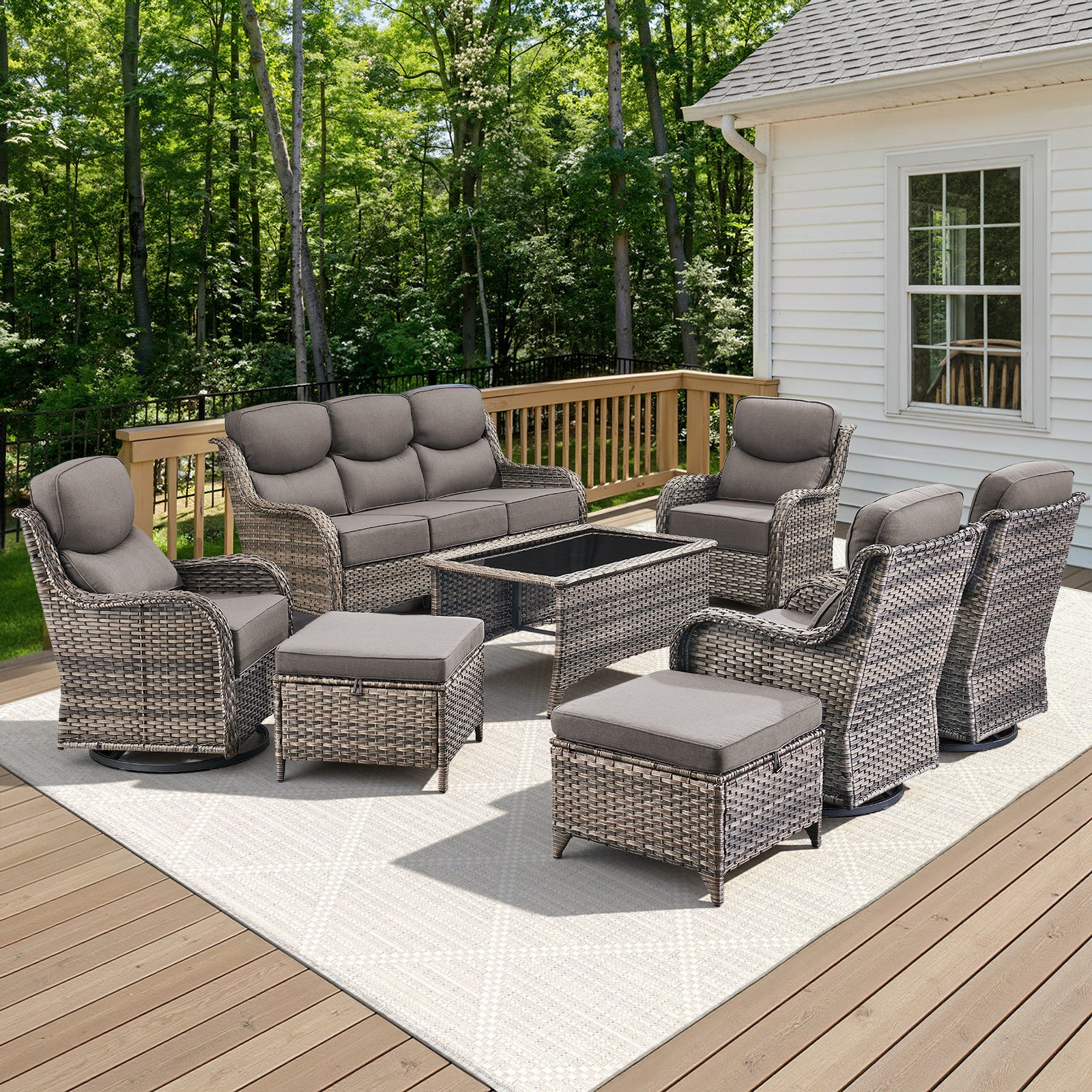 -Piece Patio Sofa Set, Swivel Chairs, Coffee Table & Ottomans, NT Series - Mixed Grey Wicker Grey Cushion