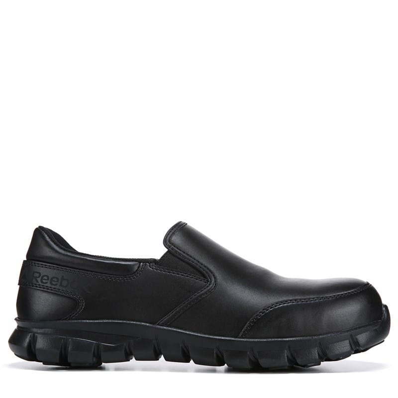 Reebok Work Men's Sublite Cushion Composite Toe Work Slip On Shoes Black Leather - Size .