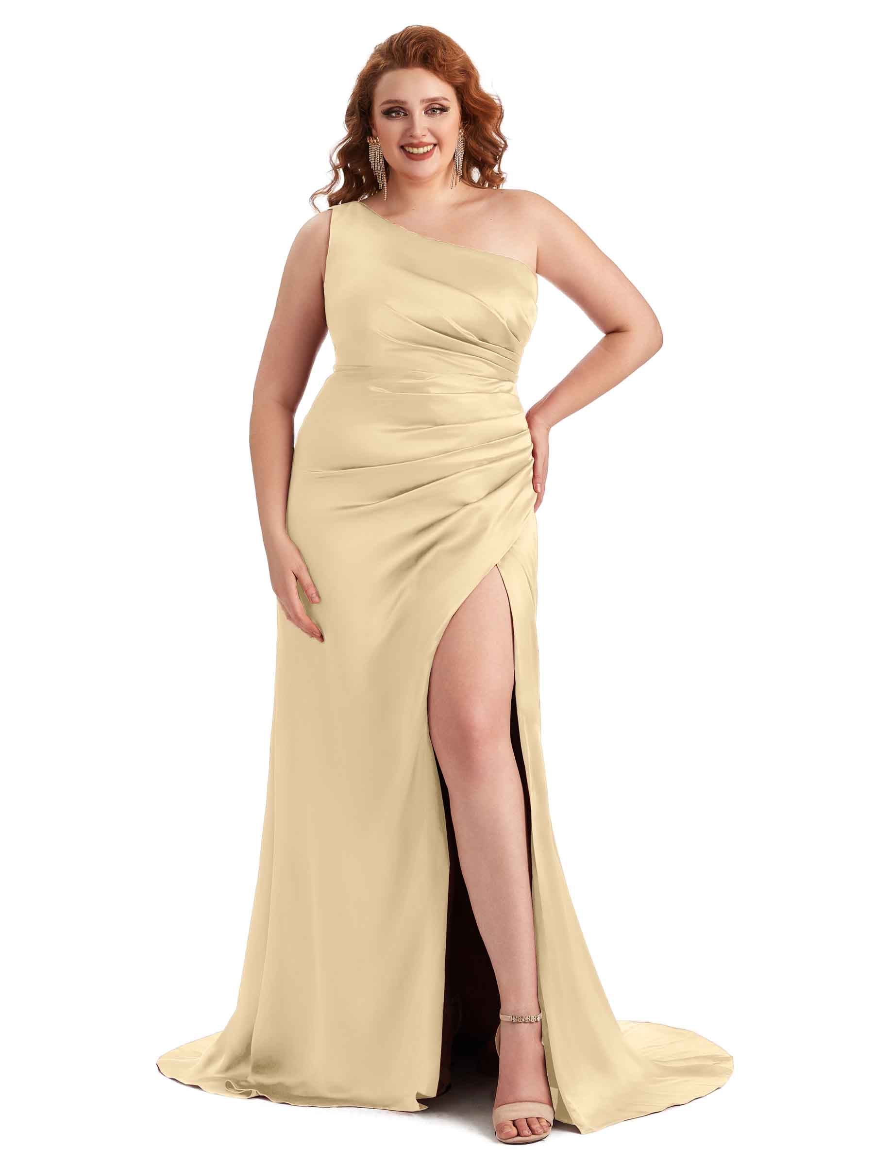 Plus Size Sexy One Shoulder Side Slit Mermaid Soft Satin Long Maid of Honor Dress For Wedding