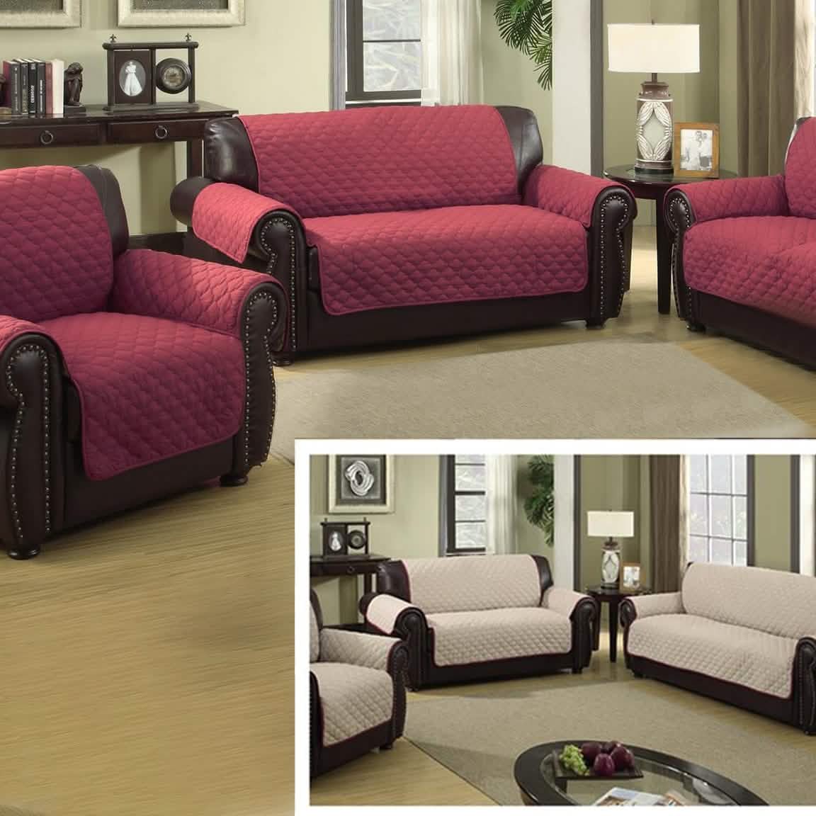 Waterproof Quilted Reversible Furniture Slipcover for Chair, Loveseat, or Sofa - Chair GarnetNatural