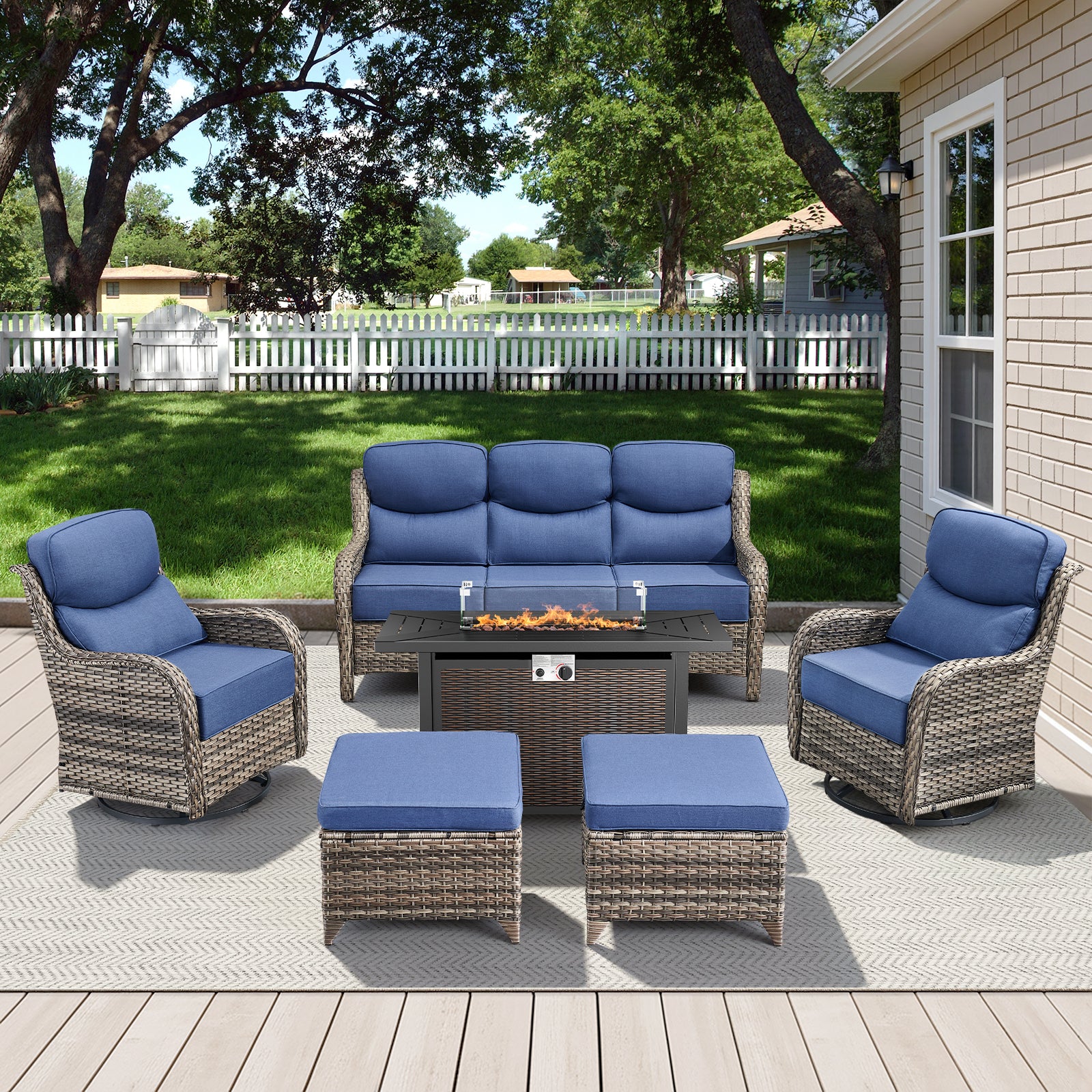 -Piece Patio Fire Pit Set, Sofa, Swivel Chairs & Metal Table, NT Series - Mixed Grey Wicker Blue Cushion