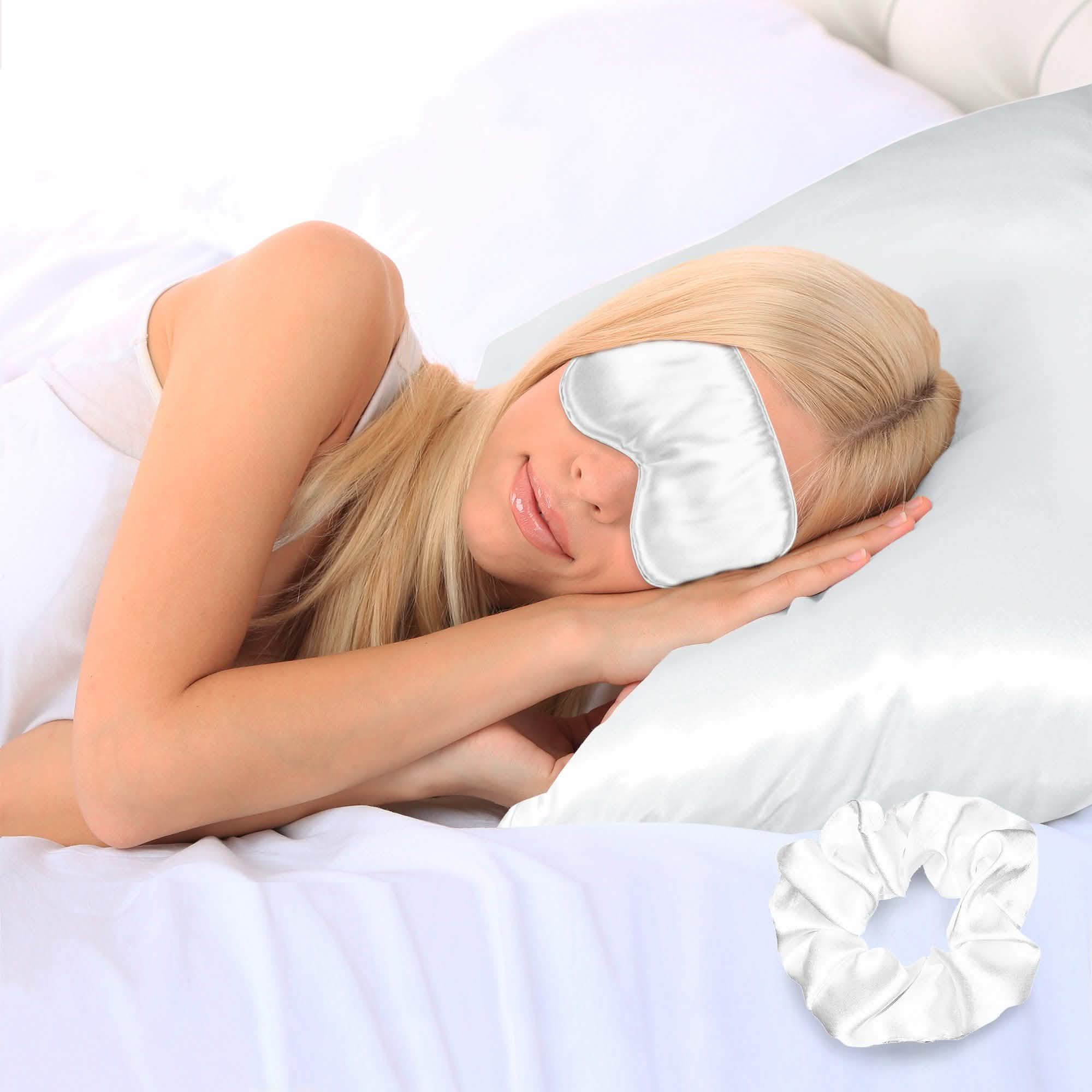 -Piece: Super Soft Luxury Satin Facial and Hair Care Pillowcase, Eye Mask and Scrunchie - White King