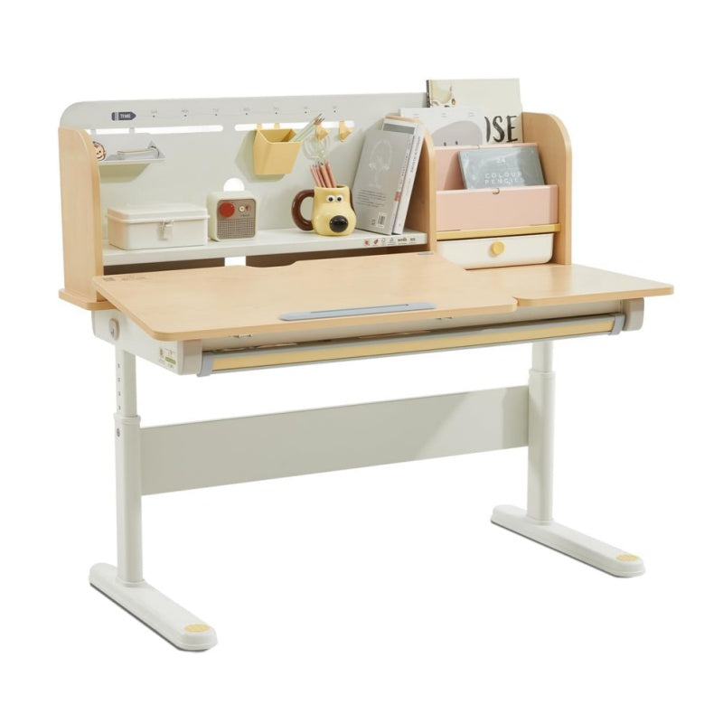 " Kids Adjustable Height Desk, Solid Wood Tilt Table w Bookshelf
