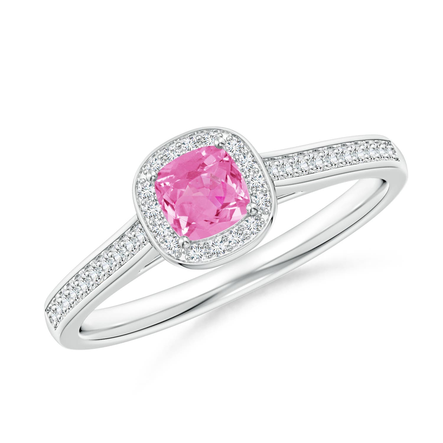 Angara . CTW Classic Cushion Pink Sapphire Engagement Ring with Diamond Halo in Platinum