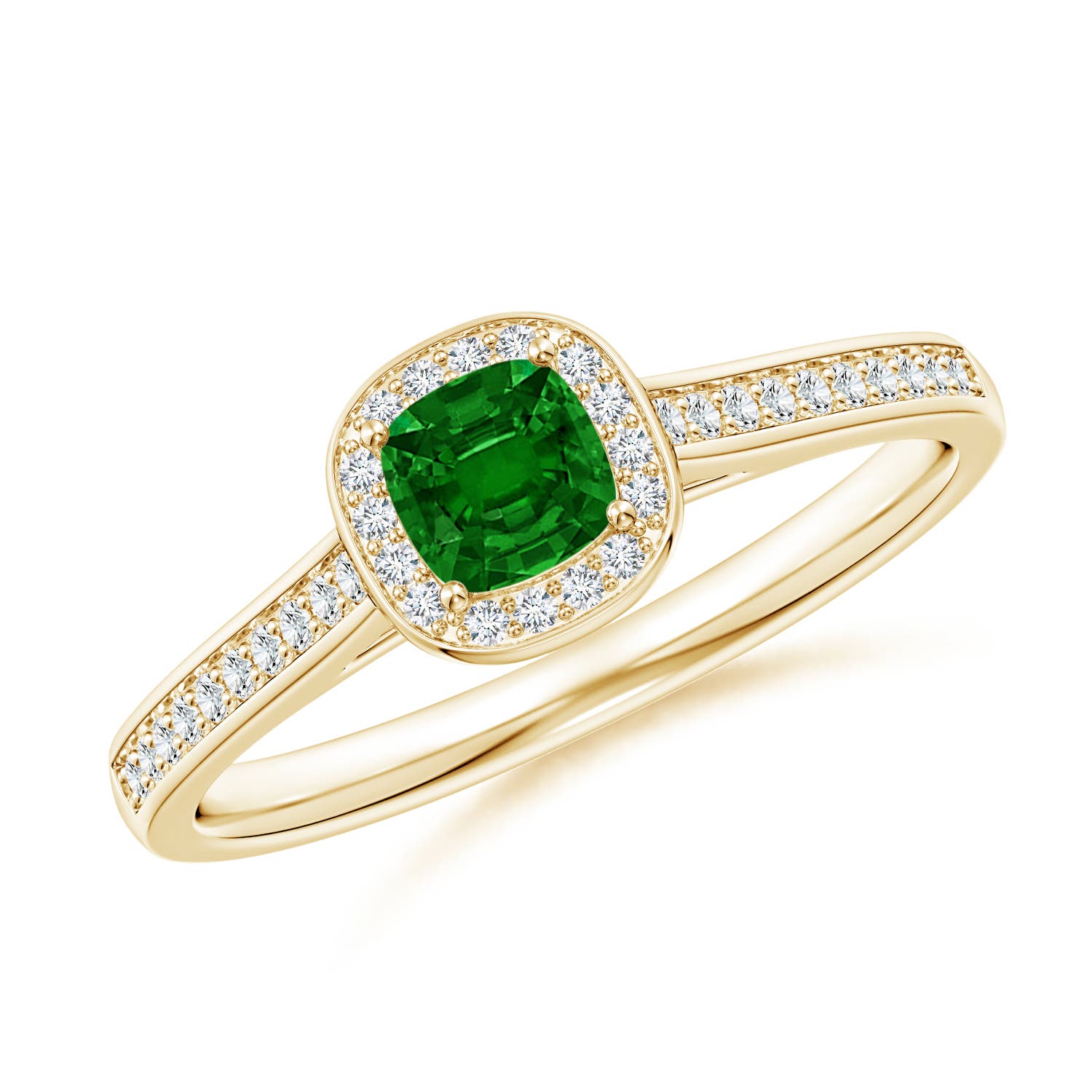 Angara . CTW Classic Cushion Emerald Engagement Ring with Diamond Halo in K Yellow Gold