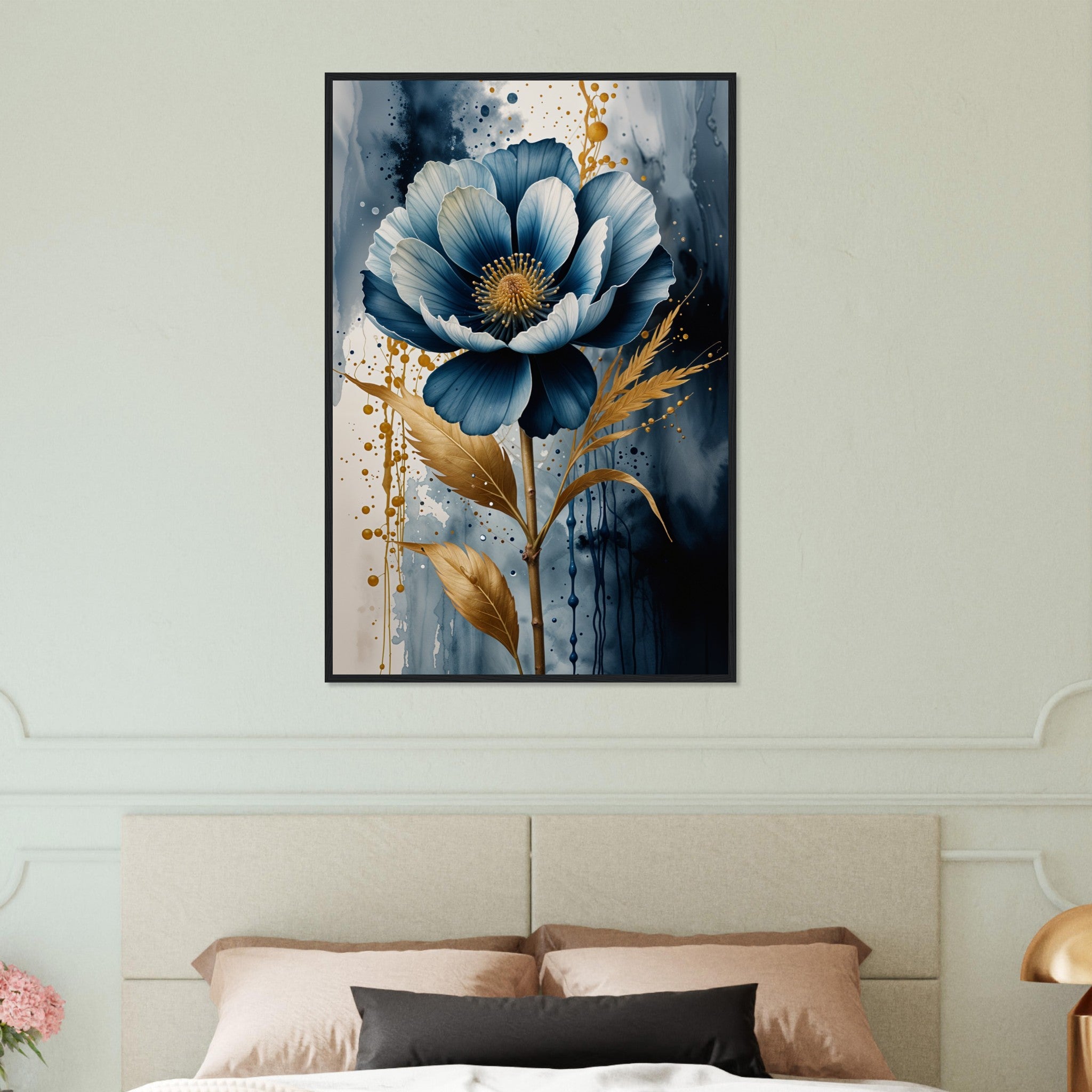 Indigo Dreams - Modern Floral Wall Art - Black frame x x″