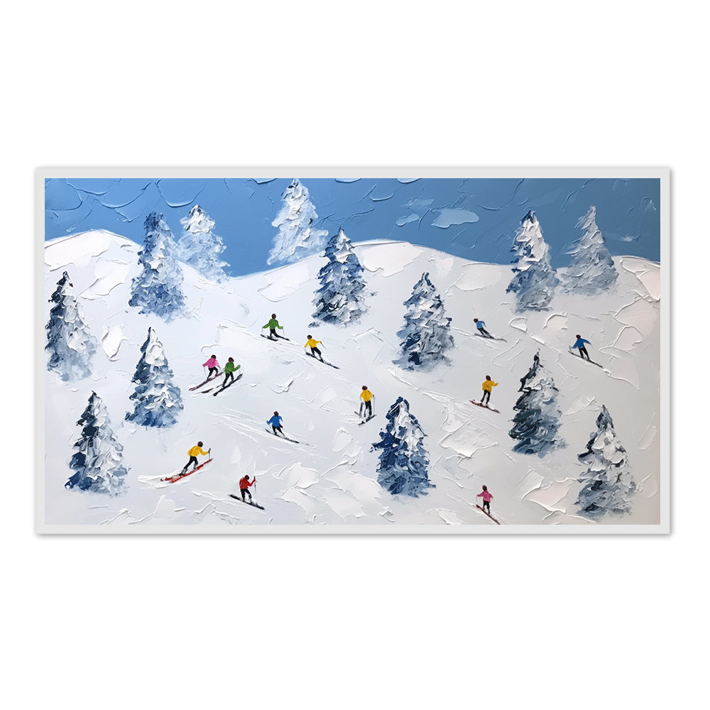 Winter Ski Adventure Modern Impasto Style Handmade Oil Painting Wall Art texture - Black Frame ''x '' x CM