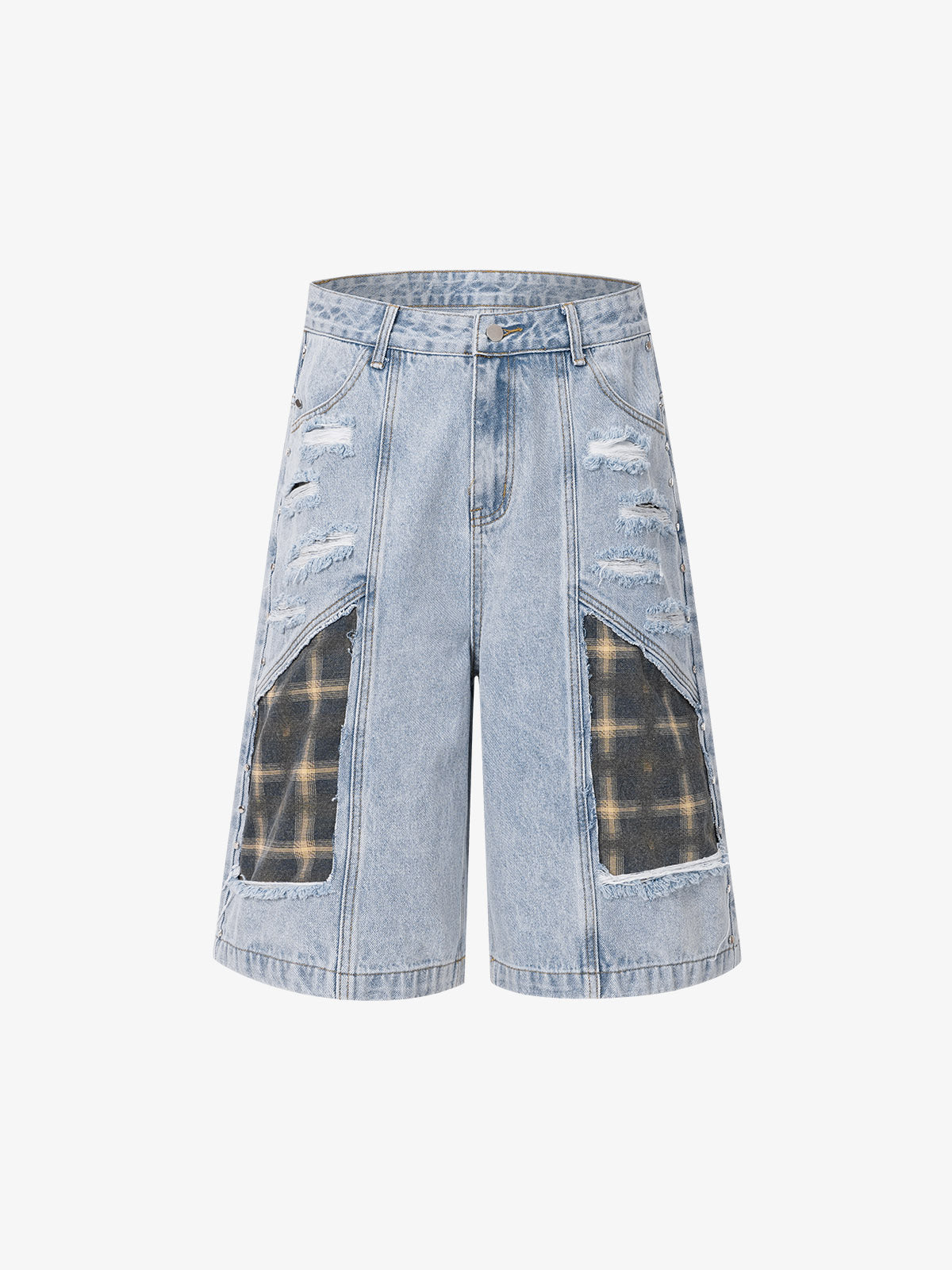 Retro Washed Plaid-Paneled Distressed Denim Set - Light Blue L Short
