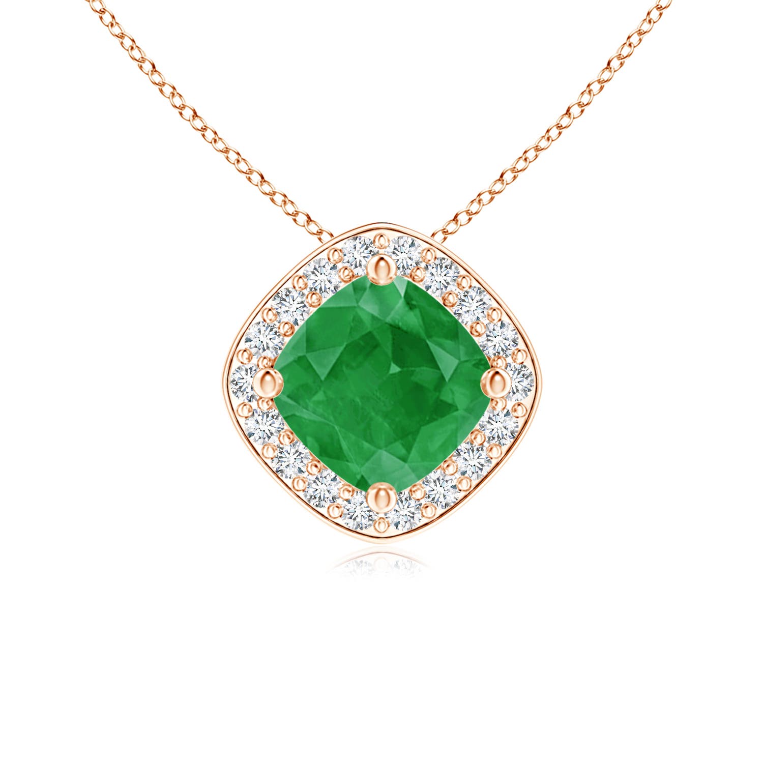 Angara . CTW Sideways Cushion Emerald Halo Pendant with Diamonds in K Rose Gold