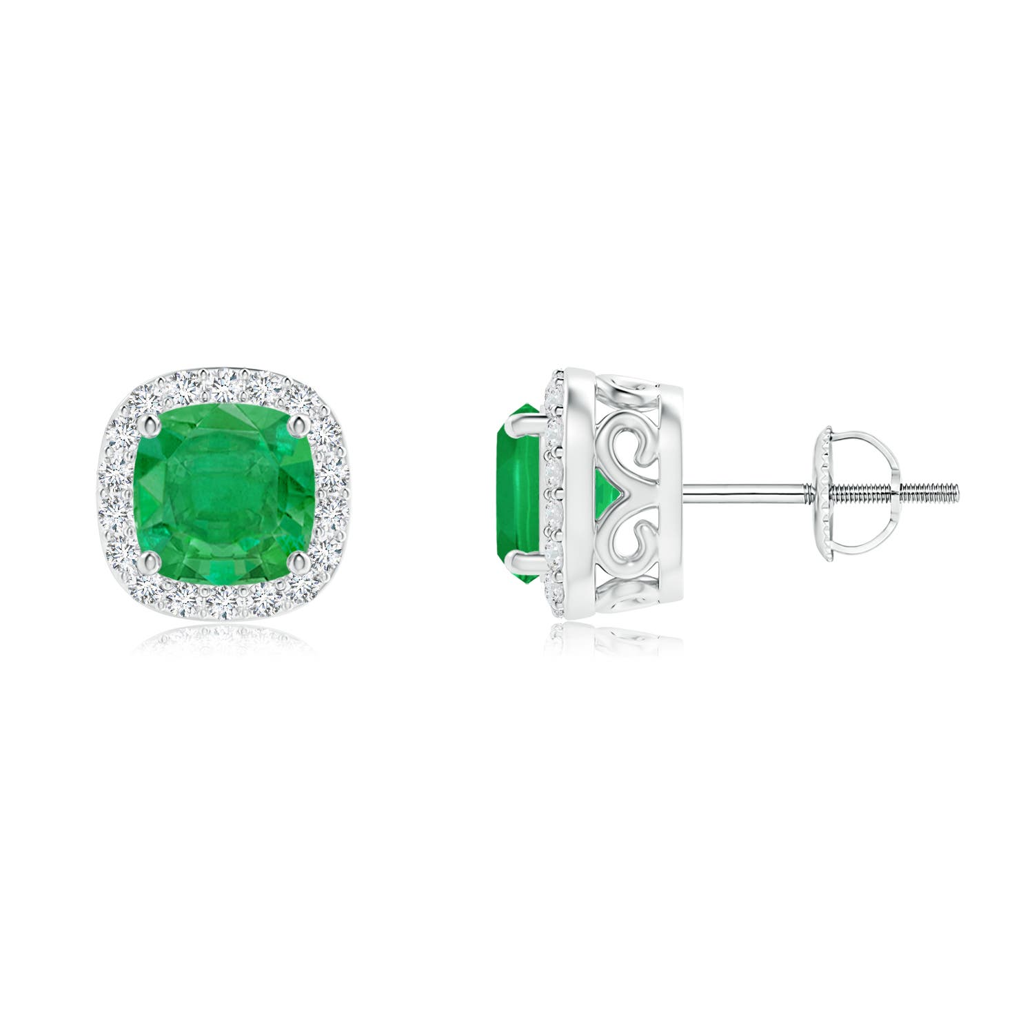 Angara . CTW Cushion Emerald Studs with Diamond Halo in K White Gold