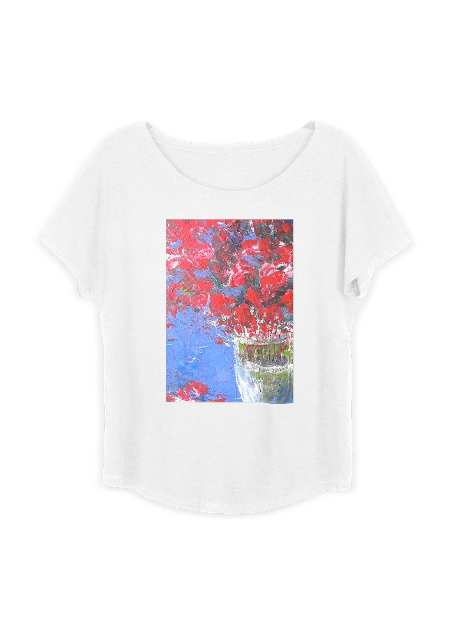 Boatneck Boyfriend Tee - Red Flowers Vase