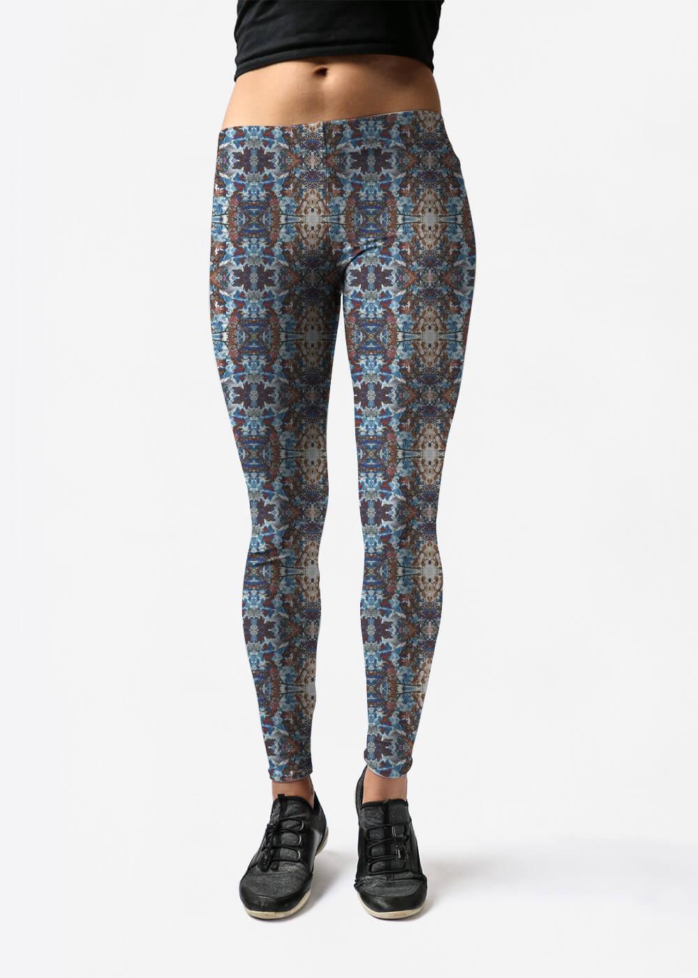 Leggings - Brown Blue Leaves Mirror