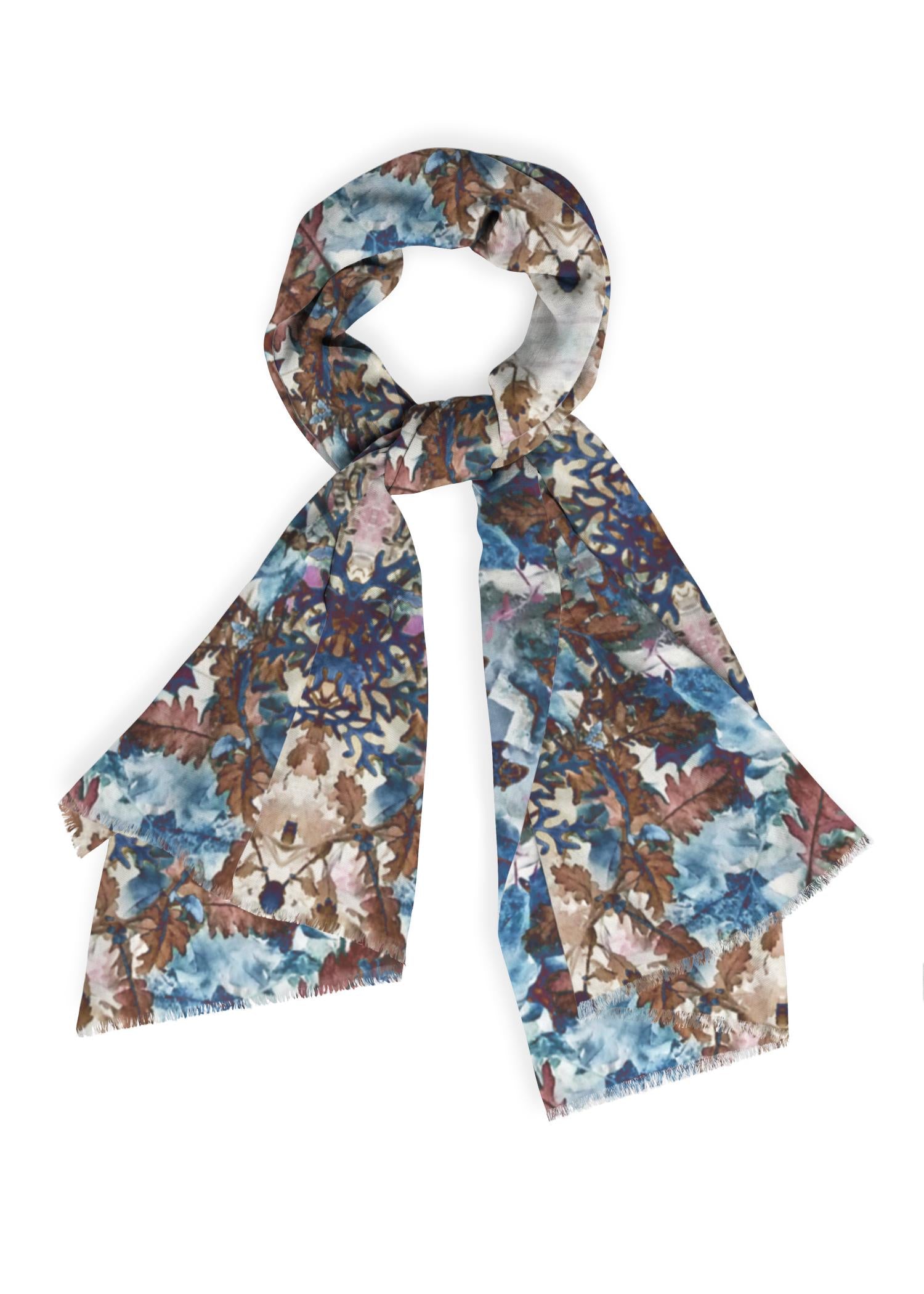Cashmere Silk Scarf - Brown Blue Leaves Mirror