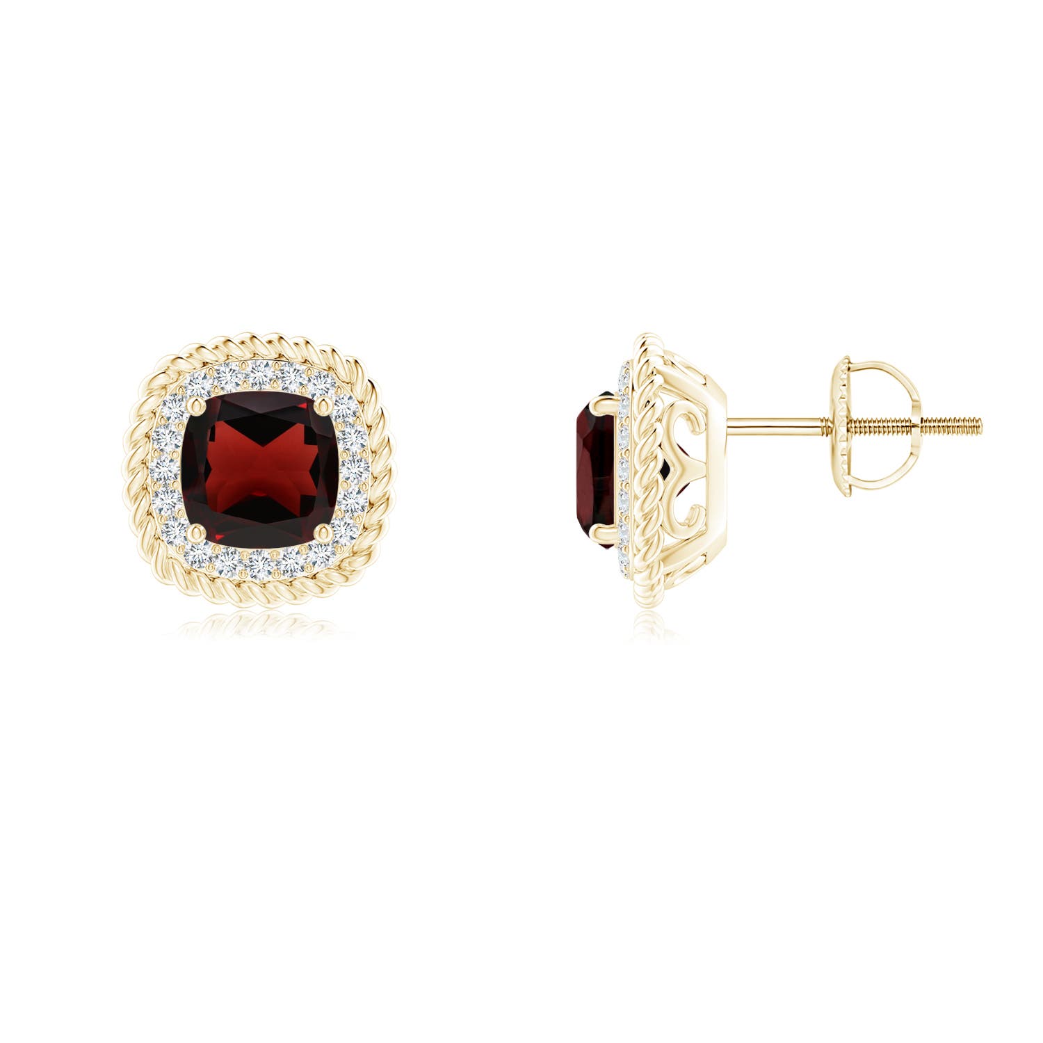 Angara . CTW Twisted Wire Cushion Garnet Studs with Diamonds in K Yellow Gold