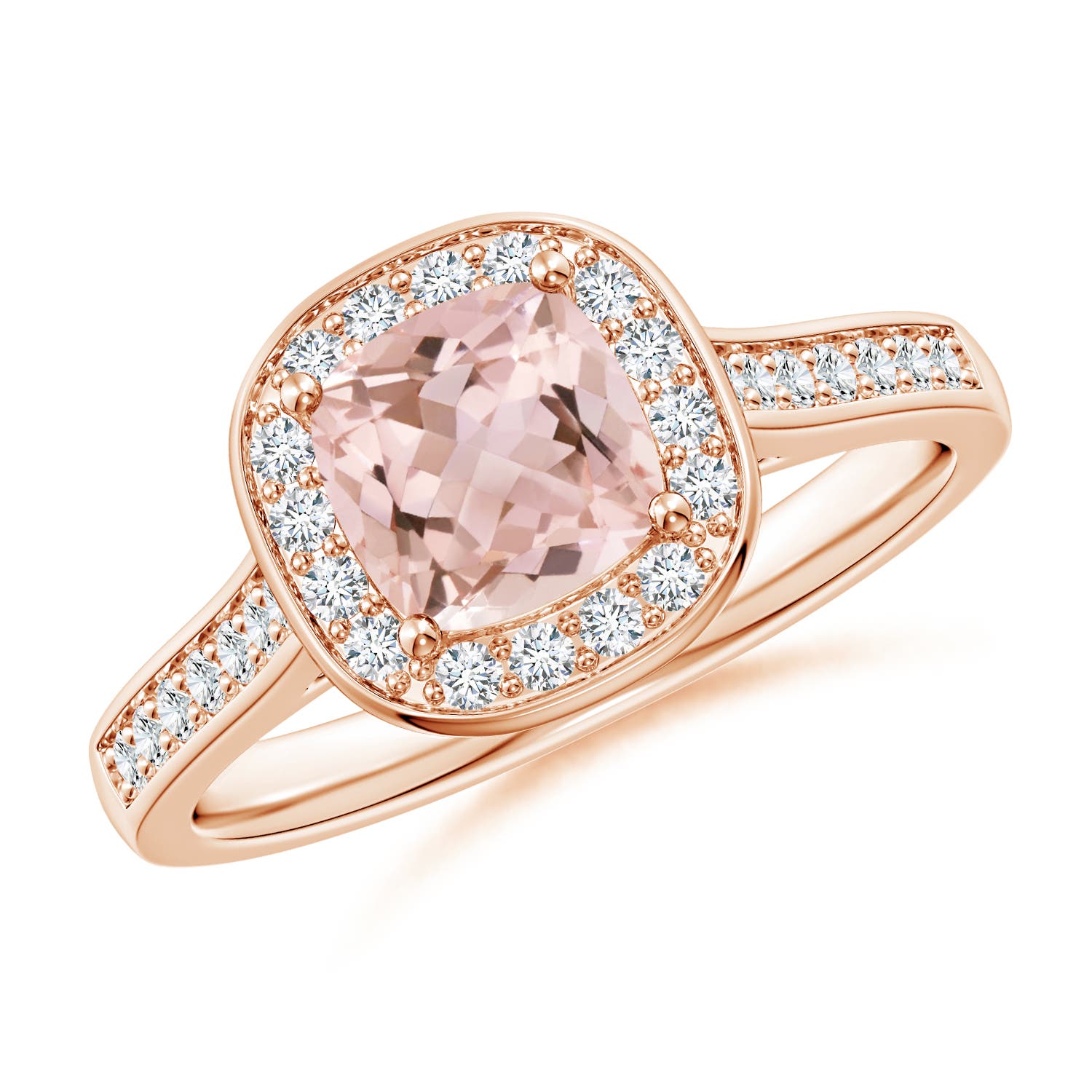 Angara . CTW Classic Cushion Morganite Ring with Diamond Halo in K Rose Gold