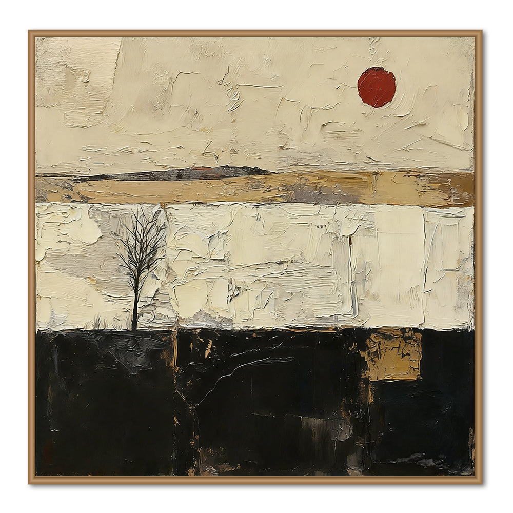 Lone Tree & Red Sun Landscape Theme Painting Modern Abstract Style Handmade Oil Painting Wall Art - Black Frame ''x '' x CM