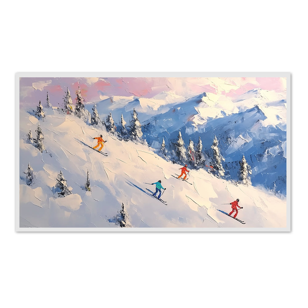 Alpine Sunset Ski Escape Impressionist Impasto Style Handmade Oil Painting Wall Art - Black Frame ''x '' x CM