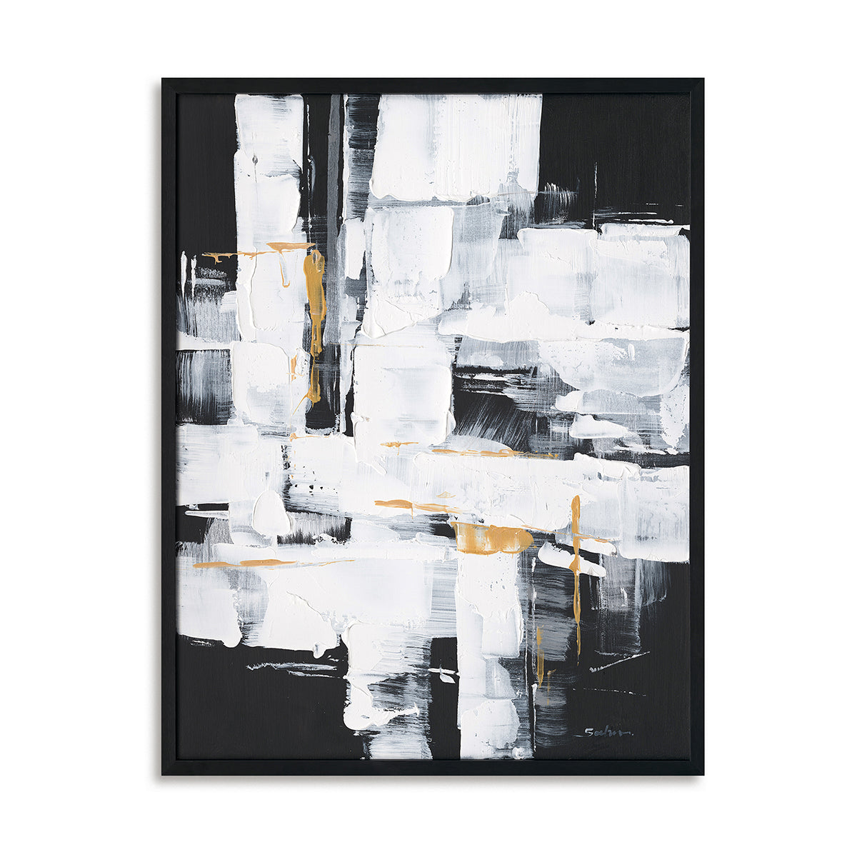 Handcrafted Painting Wall Art Black & White Abstract with Gold Accents - White Frame "x " x CM