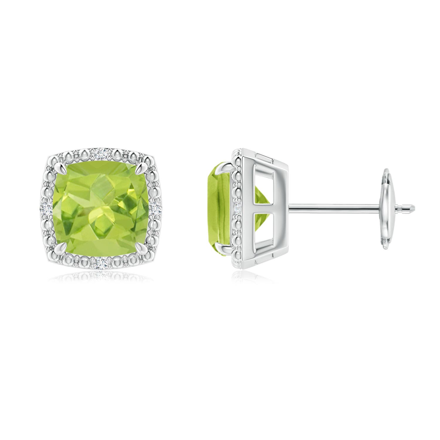 Angara . CTW Claw-Set Cushion Peridot Beaded Halo Stud Earrings in K White Gold