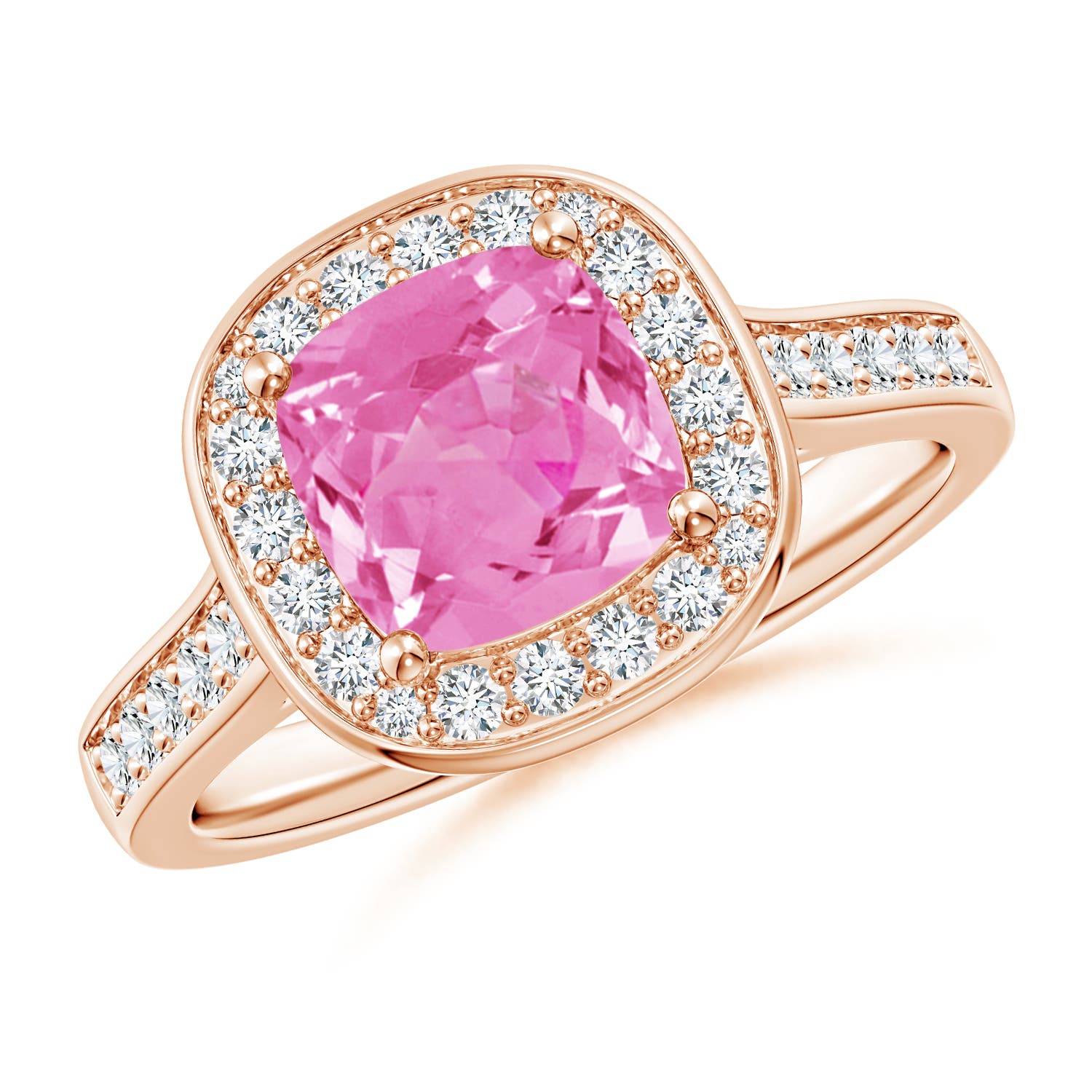 Angara . CTW Classic Cushion Pink Sapphire Engagement Ring with Diamond Halo in K Rose Gold