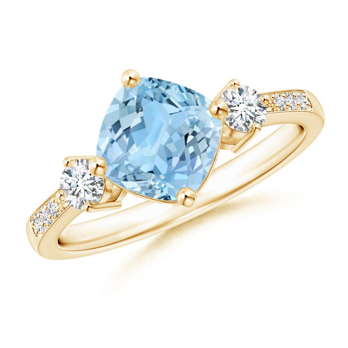 Angara . CTW Cushion Sideways Aquamarine and Diamond Ring in K Yellow Gold