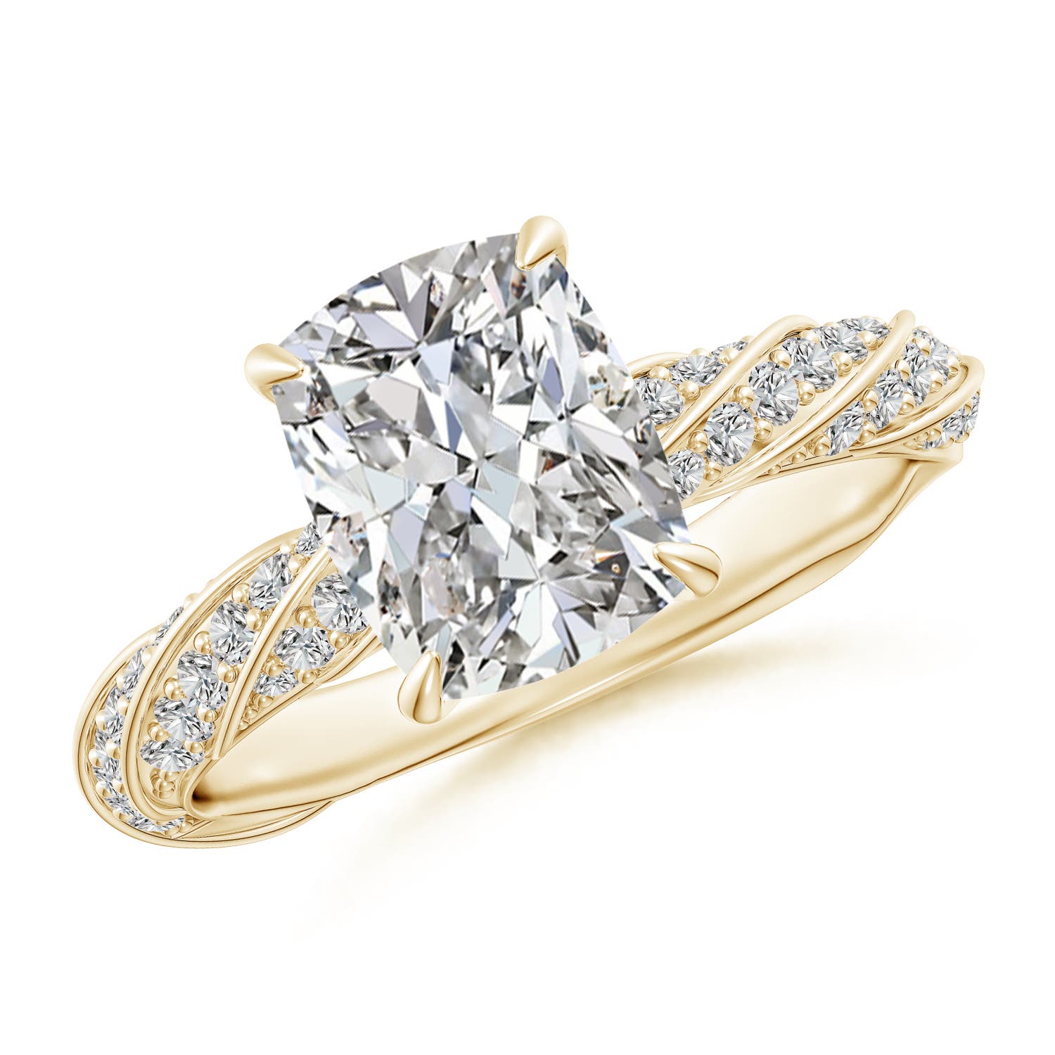 Angara . CTW Cushion Rectangular Diamond Twisted Rope Shank Engagement Ring in K Yellow Gold