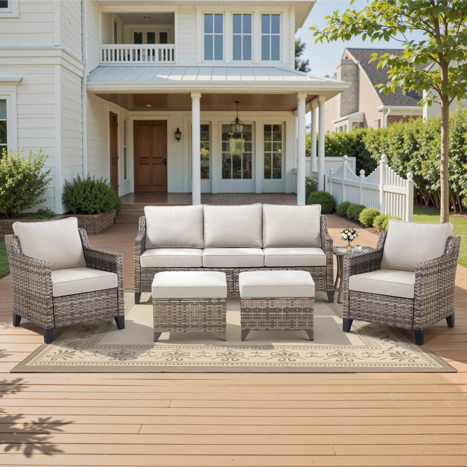 -Piece Wicker Patio Set Sofa Chairs Ottomans & Side Table, FG Series - Gray Wicker Beige Cushion