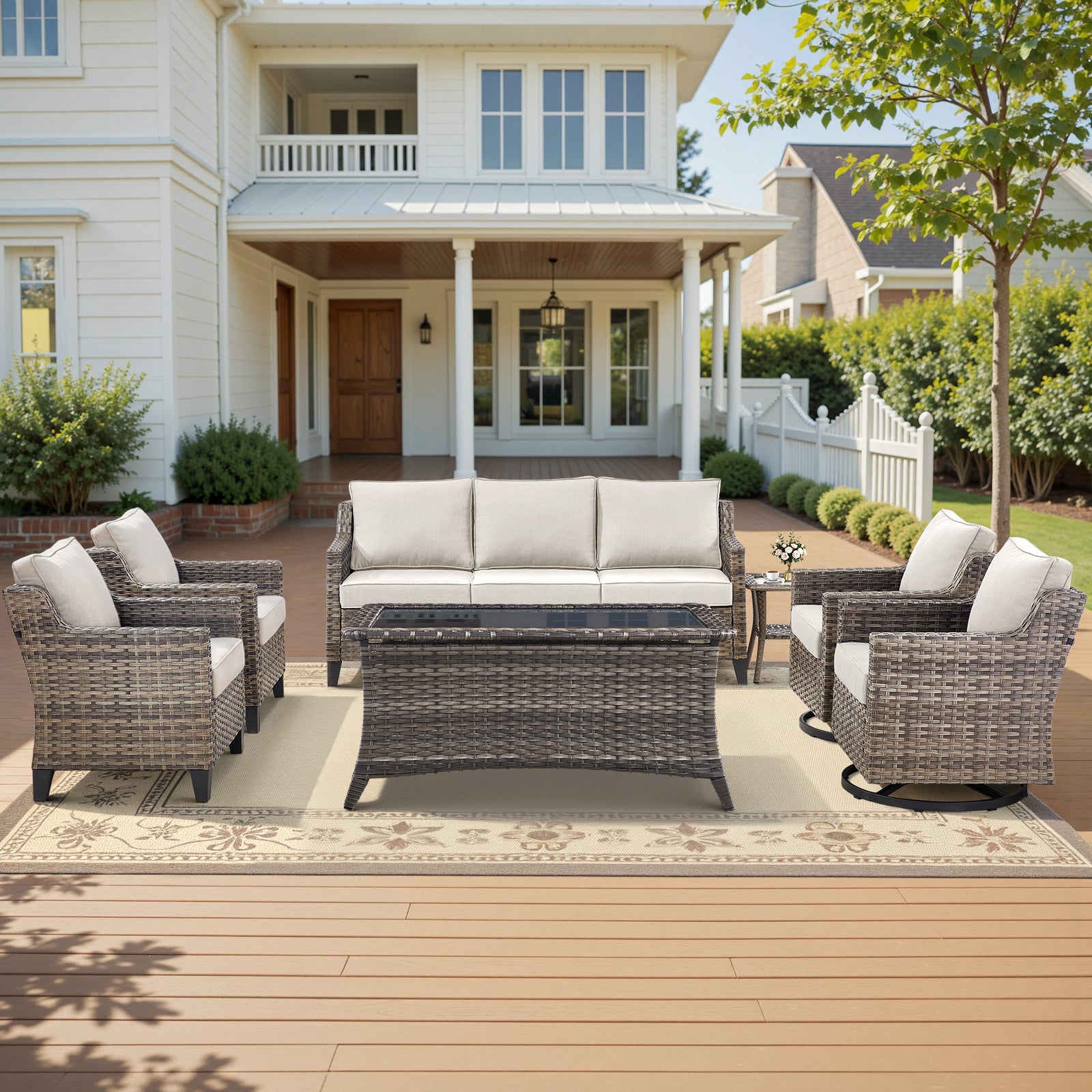 -Piece Patio Set Sofa Swivel Chairs Coffee Table & Side Table, FG Series - Gray Wicker Beige Cushion