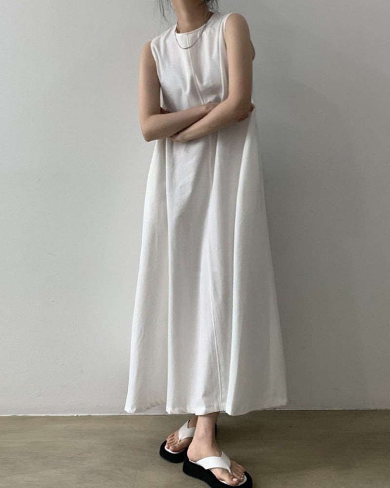 Loose Cotton Linen Dress Long Sleeveless Knee Tank Dress - White